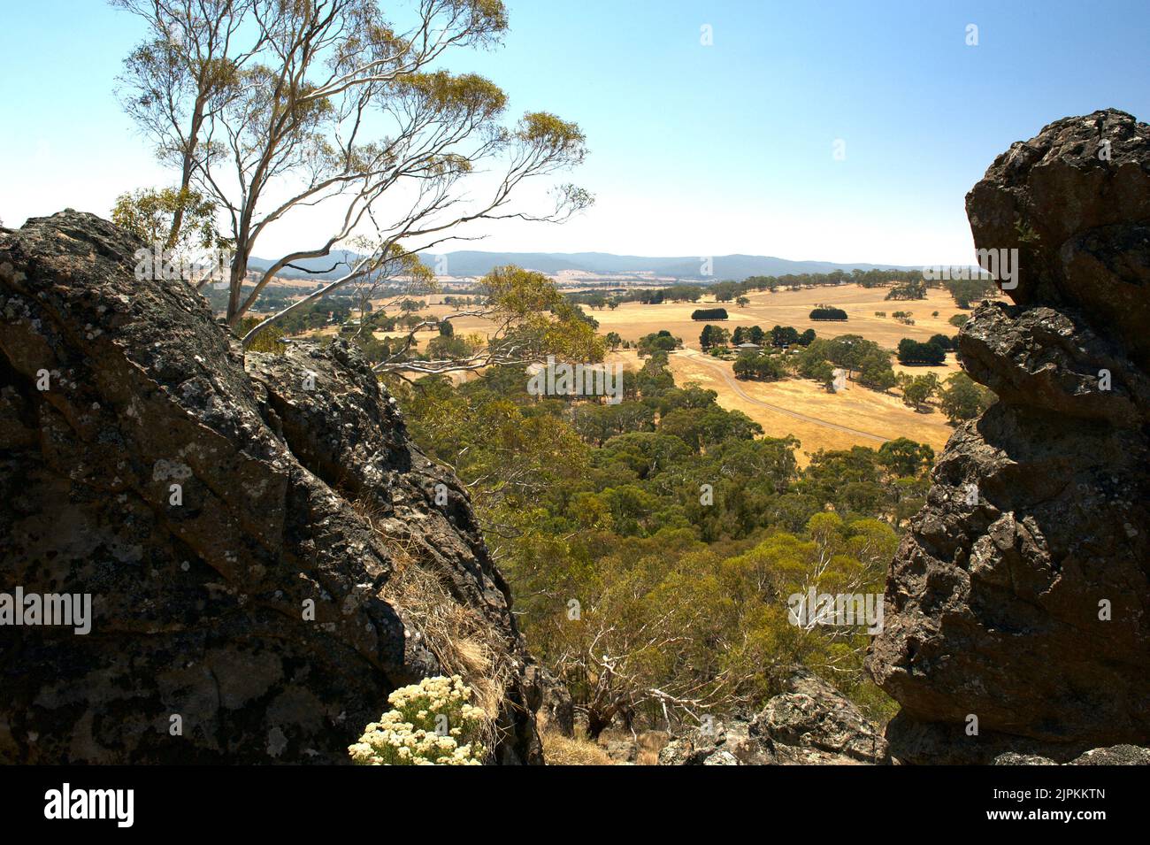 Mount Diogenes (Hanging Rock) bietet viele felsige Ausblicke auf den Berg und die umliegende Landschaft. Die Felsen sind Trachyt, eine Art Lava. Stockfoto