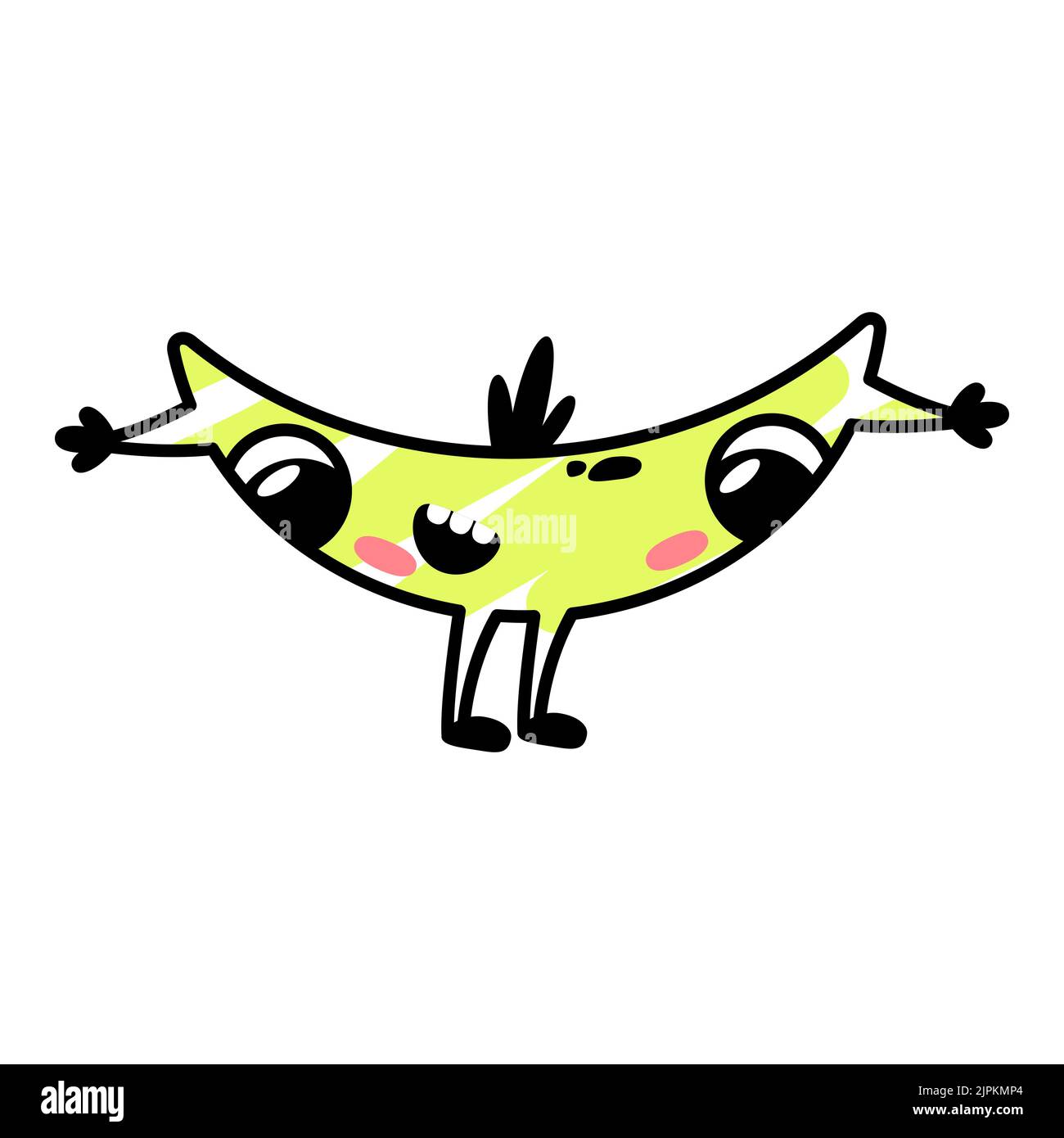 Lustige Cartoon gelbe Monster lachen. Eine fiktive Figur in Form einer Banane. Niedliche Alien-Ikone im Doodle-Stil. Umarmende Maskottchen für die Marke. Ein cooler Aufdruck für Kinderprodukte. Stock Vektor