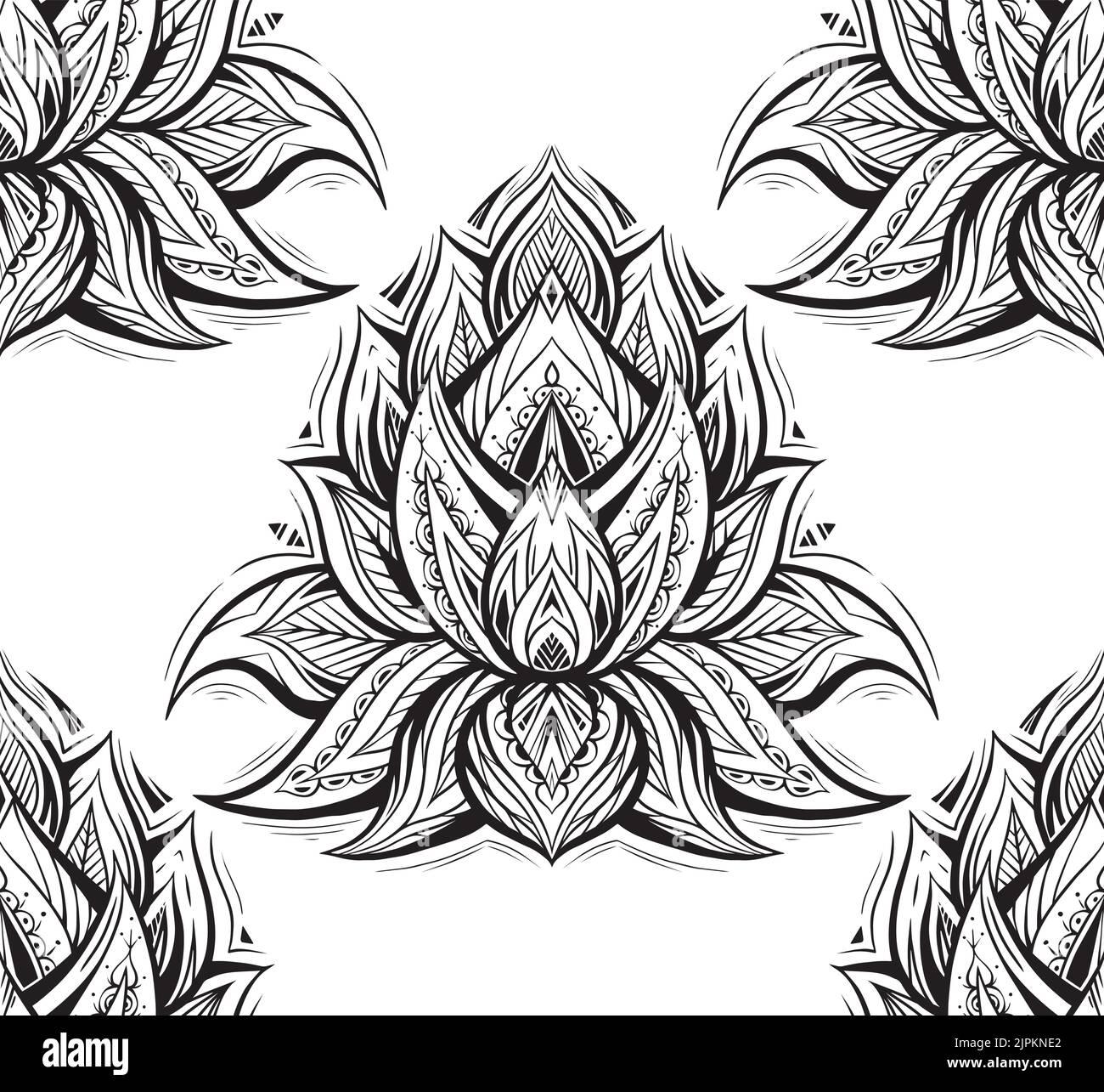 Vektor nahtloses Muster mit Kontur Tribal Lotusse. Monochrome mystische Blumenstruktur. Heiliges Schwarz-Weiß-Tapete mit Seerosen mit nativ Stock Vektor