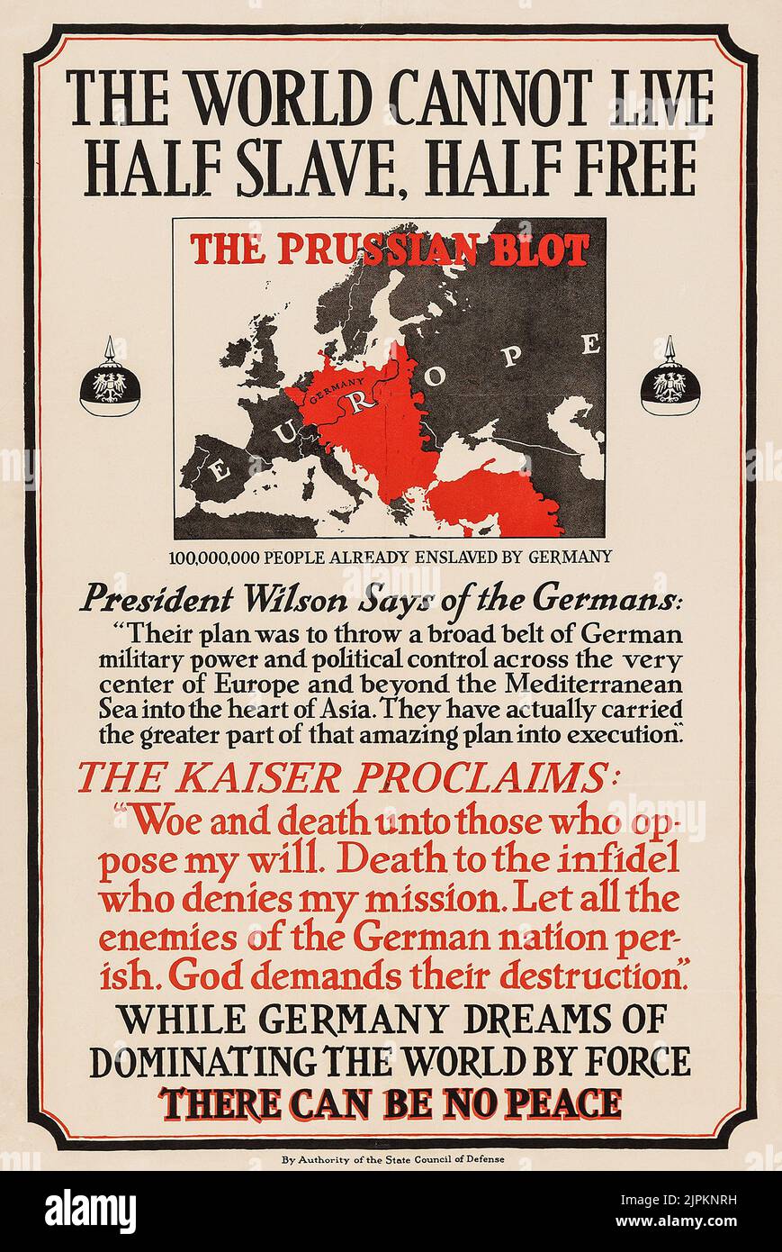 World war I Propaganda (USA Regierungsdruckerei, 1917). Propagandaplakat - 'Der Preußische Blot'. Kriegsplakat „die Welt kann nicht halb Sklave, halb frei leben“ Stockfoto