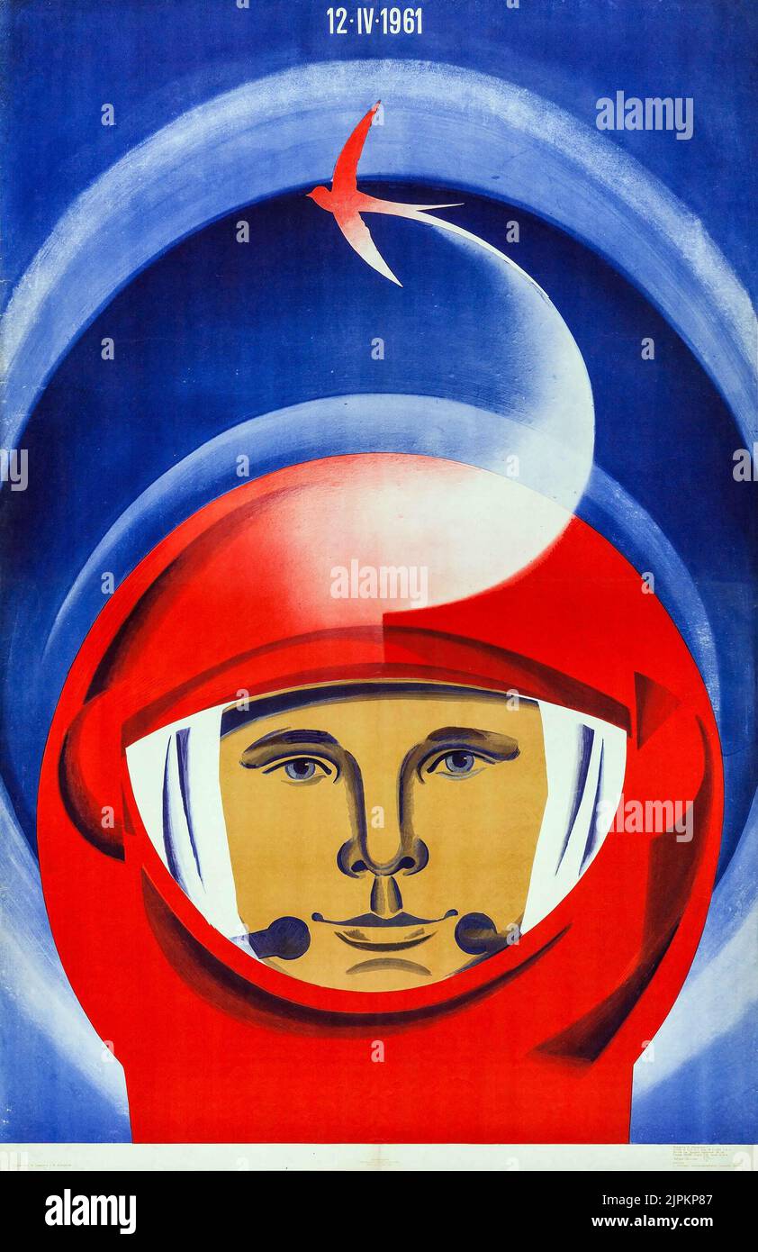 Die erste Orbitalmission des Kosmonauten Juri Gagarin (1973). Sowjetisches Russisches Gedenkplakat. Stockfoto