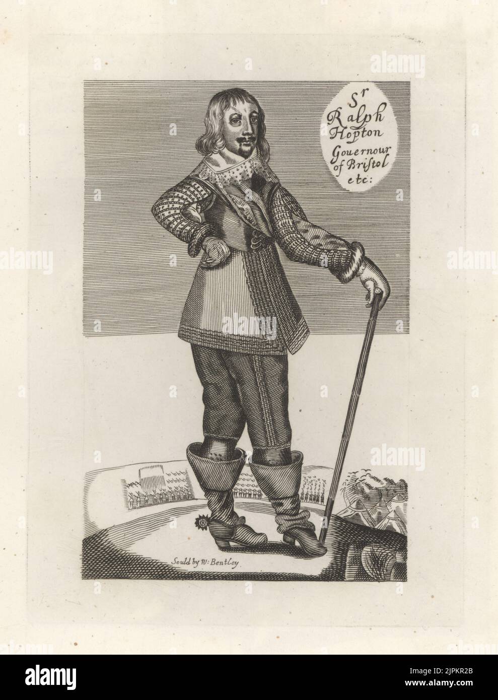 Sir Ralph Hopton, Gouverneur von Bristol, 1596-1652. Royalistischer Politiker und Soldat während des englischen Bürgerkrieges. Aus einem Druck in der Sammlung von Earl Spencer, verkauft von W. Bentley. In Spitzenkragen, Doppelhose, Hosen und Stiefeln mit Spornen. Ein Militärlager und Infanterieformationen zu seinen Füßen. Kupferstich aus Samuel Woodburns Galerie für seltene Porträts, bestehend aus Originalplatten, George Jones, 102 St Martin’s Lane, London, 1816. Stockfoto