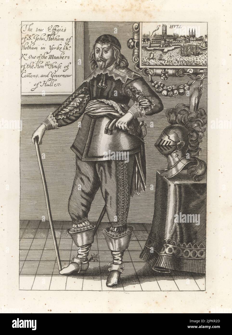 Sir John Hotham, 1. Baronet von der Scorborough Hall, Sheriff von Yorkshire, Gouverneur von Hull, 1589-1645. Hingerichtet wegen Verrats an die parlamentarische Sache. In Totenkopf-Mütze, Spitzenkragen, gestrichenen Doublett, Schärpe, Hosen, Stiefel mit Spornen, Helm auf dem Tisch. Blick auf Hull und den Humber. Kupferstich aus Samuel Woodburns Galerie für seltene Porträts, bestehend aus Originalplatten, George Jones, 102 St Martin’s Lane, London, 1816. Stockfoto