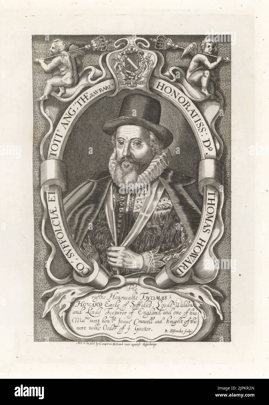 Thomas Howard, 1. Earl of Suffolk, 1561-1626. Lord Chamberlain, Lord High Treasurer von England an König James I., Ritter des Gewänges. In Hut, Rüschen Kragen, Doublet und Mantel, hält ein Band. Unter dem Wappen mit zwei Putten, die Zepter halten. Kupferstich nach Renold Elstrack aus Samuel Woodburns Galerie für seltene Porträts, bestehend aus Originalplatten, George Jones, 102 St Martin’s Lane, London, 1816. Stockfoto