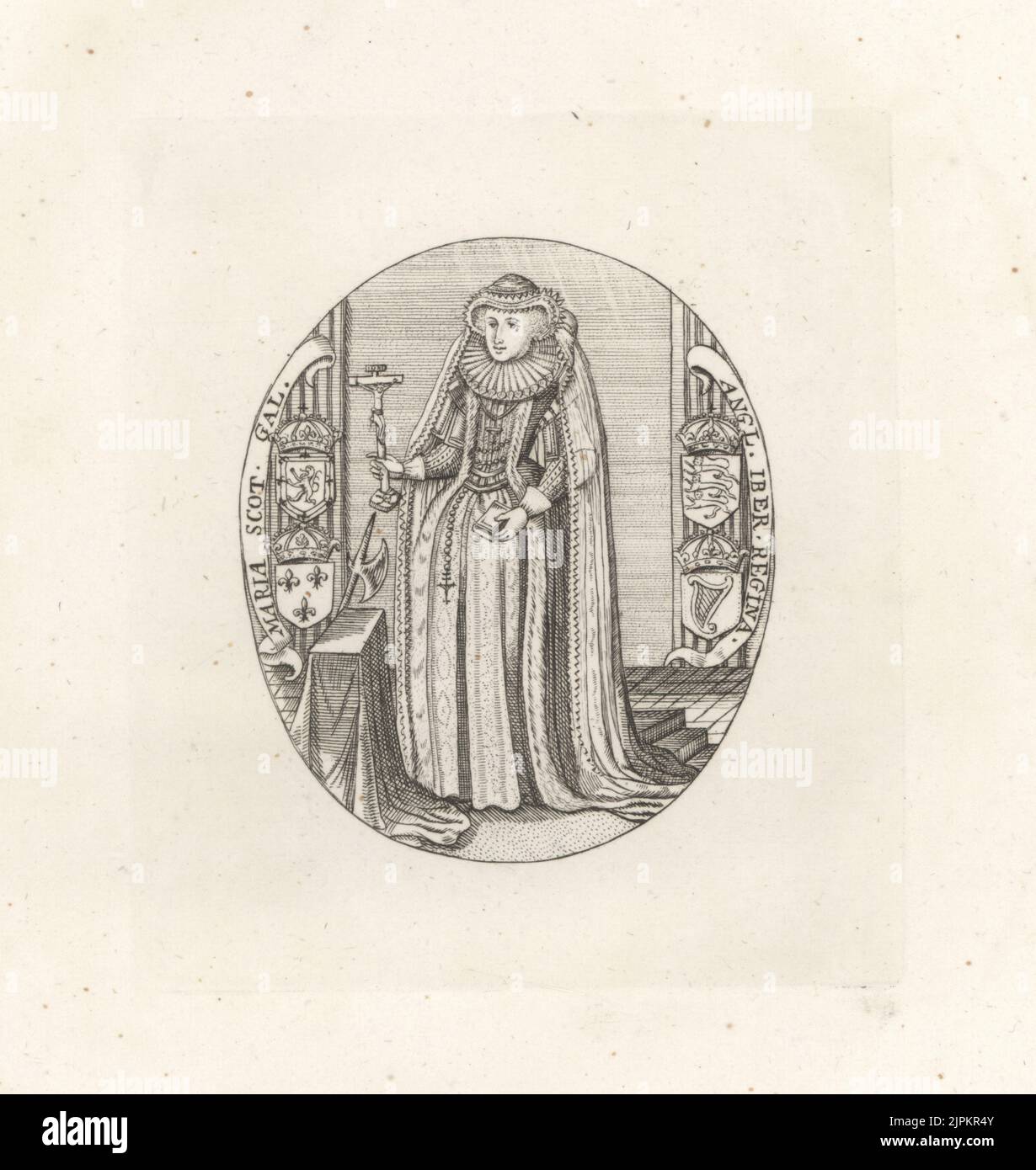Mary, Königin der Schotten, Mary Stuart, Mary I. von Schottland, 1542-1587. Königin von Schottland von 1542 bis 1567, enthauptet im Fotheringhay Castle, 1587. In Kapuze und Umhang, Rüschenkragen, Gewand, mit Kruzifix und Gebetsbuch, Wappen mit Krone, Löwen, Lilien und Harfe, Henkeraxt und Block. Maria Scot Gal Angl Iber Regina. Aus einem sehr einzigartigen Druck. Kupferstich aus Samuel Woodburns Galerie für seltene Porträts, bestehend aus Originalplatten, George Jones, 102 St Martin’s Lane, London, 1816. Stockfoto Mary, Königin der Schotten, Mary Stuart, Mary I. von Schottland, 1542-1587. Königin von Schottland von 1542 bis 1567, enthauptet im Fotheringhay Castle, 1587. In Kapuze und Umhang, Rüschenkragen, Gewand, mit Kruzifix und Gebetsbuch, Wappen mit Krone, Löwen, Lilien und Harfe, Henkeraxt und Block. Maria Scot Gal Angl Iber Regina. Aus einem sehr einzigartigen Druck. Kupferstich aus Samuel Woodburns Galerie für seltene Porträts, bestehend aus Originalplatten, George Jones, 102 St Martin’s Lane, London, 1816. Stockfoto