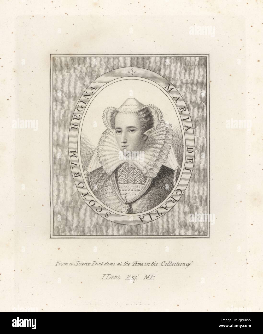 Maria, Königin der Schotten, Maria Stuart, Maria I. von Schottland. 1542-1587. In Kapuze, hohem Rüschenkragen, Schleier, Kleid mit Band. Maria Dei Gratia Scotorum Regina. Aus einem knappen Druck, der damals in der Sammlung von John Dent MP gemacht wurde. Kupferstich aus Samuel Woodburns Galerie für seltene Porträts, bestehend aus Originalplatten, George Jones, 102 St Martin’s Lane, London, 1816. Stockfoto