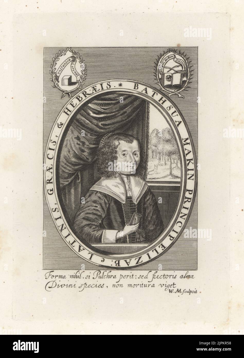 Bathsua Reginald Makin, ca. 1600-1675, Englischlehrerin, Linguistin und Feministin. Kritiker der Stellung der Frau im häuslichen und öffentlichen Bereich im England des 17.. Jahrhunderts. In Griechisch, Latein, Hebräisch, Deutsch, Spanisch, Französisch und Italienisch. Bathsua Makin Princip Elizab Latinis Graecis & Hebraeis. Faszimile aus einem fast einzigartigen Druck von William Marshall. Kupferstich aus Samuel Woodburns Galerie für seltene Porträts, bestehend aus Originalplatten, George Jones, 102 St Martin’s Lane, London, 1816. Stockfoto