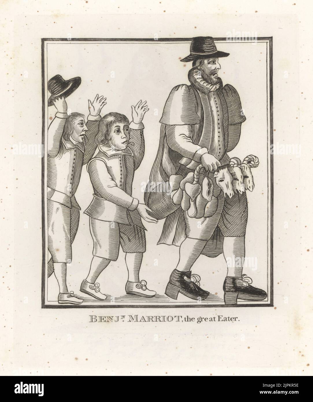 Benjamin Marriot (auch John oder William Marriott), englischer Anwalt und angeblicher Völlerei, starb 1653. Ein alter Mann, der drei Schafsköpfe, Herzen und Innereien trägt, wird von zwei Jungen gejagt. Aus einem seltenen Holzschnitt in George fidges diffamierender Broschüre der große Esser von Gray's Inn, 1652.. Stockfoto