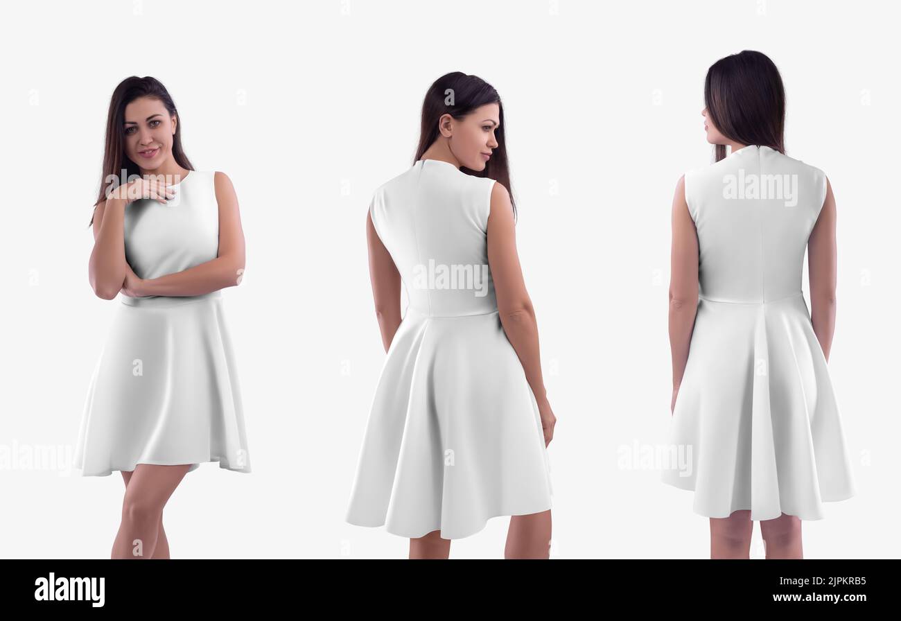 Modell eines weißen Kleides mit Wellenrock auf einem dunkelhaarigen Mädchen, isoliert auf einem Hintergrund, Vorder-, Rückansicht. Set von Damenbekleidung mit Reißverschluss, fo Stockfoto