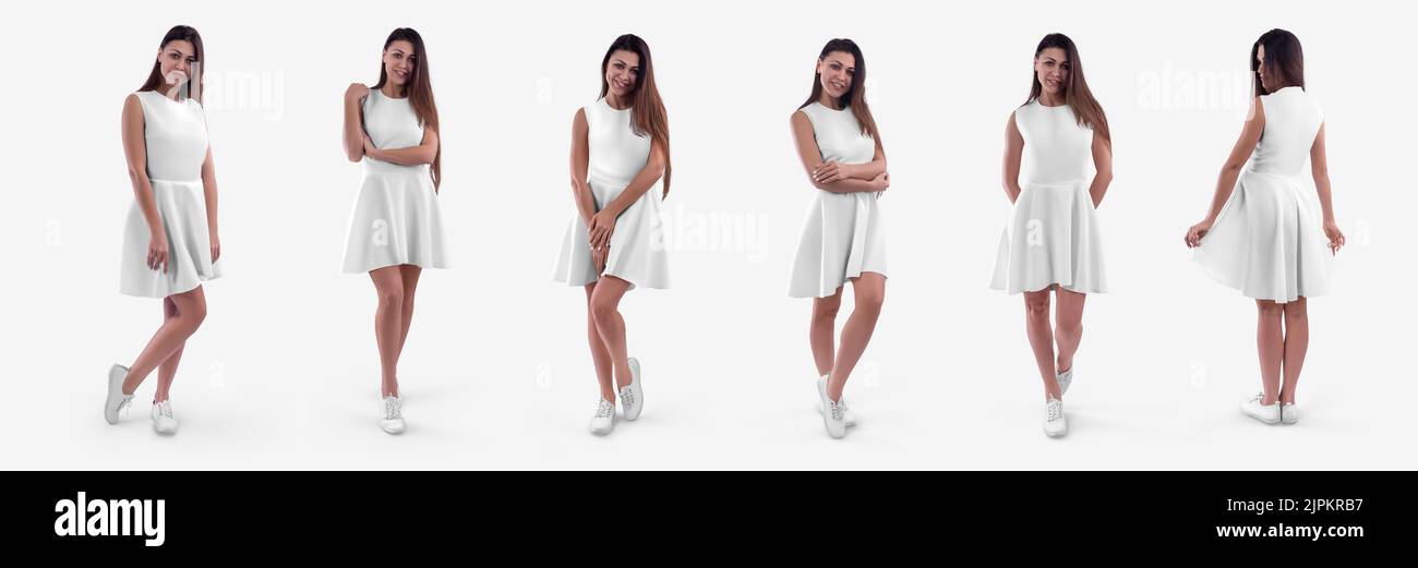 Modell eines weißen Kleides mit Wellenrock auf einem dunkelhaarigen Mädchen in Mokassins, isoliert auf dem Hintergrund, Vorderansicht, Rückansicht. Set aus Damenbekleidung für de Stockfoto
