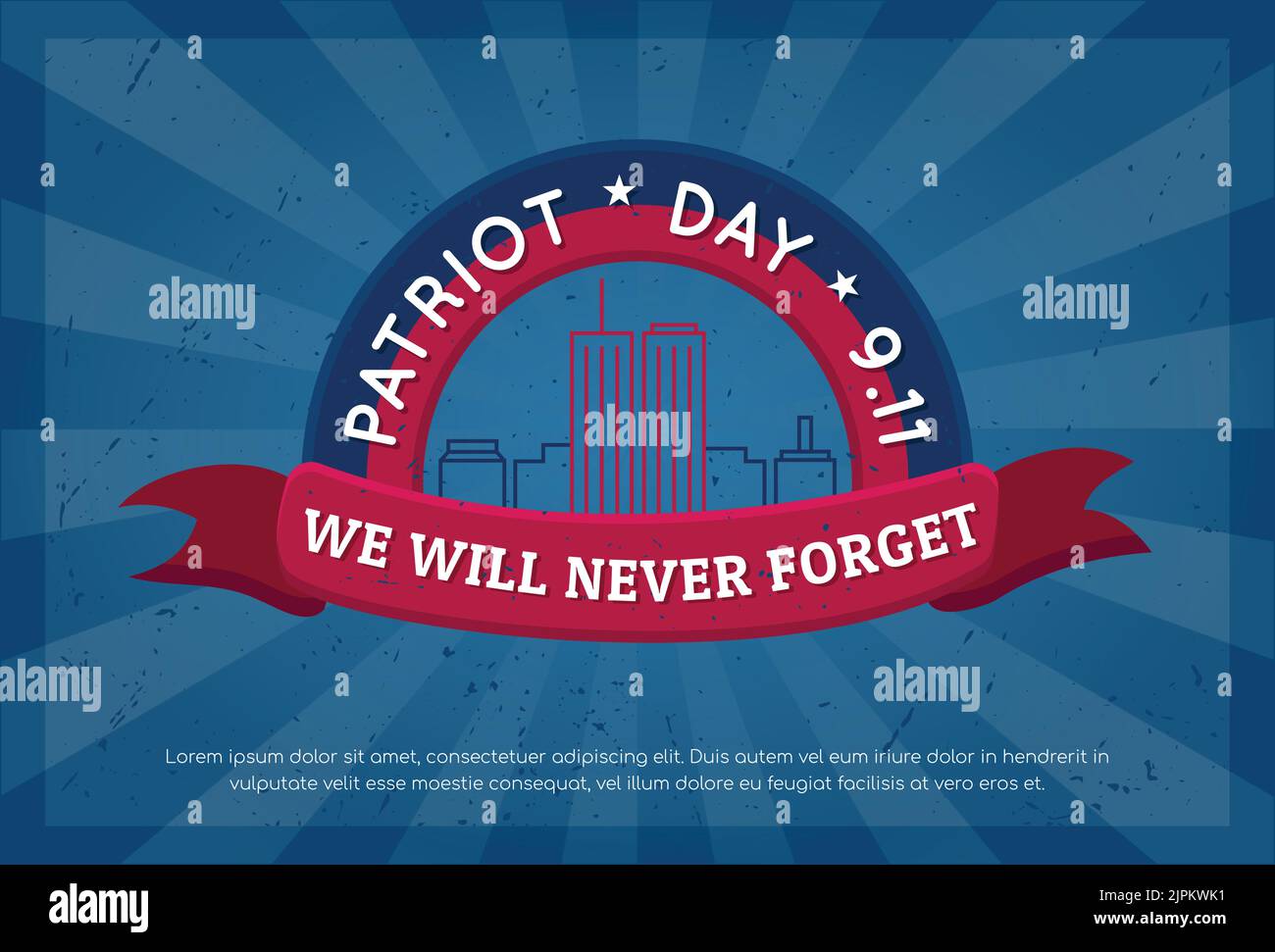 Patriot Day 11 September Poster Vektorgrafik. 9 11 USA Abstraktes Retro Sunburst Texturdesign. Wir Werden Es Nie Vergessen. World Trade Center oder Twin Stock Vektor