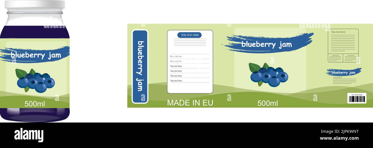Ein schönes Glas Heidelbeermarmelade und ein Etikett isoliert auf dem weißen Hintergrund Stock Vektor