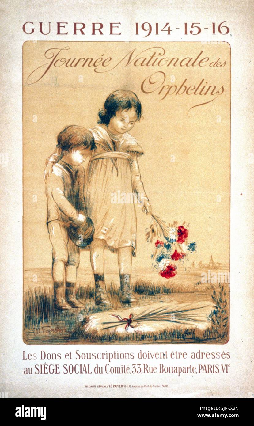 Guerre 1914-15-16. Journée nationale des Orphelins. Foerster, Charles H., Künstler. Ein kleiner Junge und ein Mädchen, die über einem Grab stehen. Paris 1916. Stockfoto