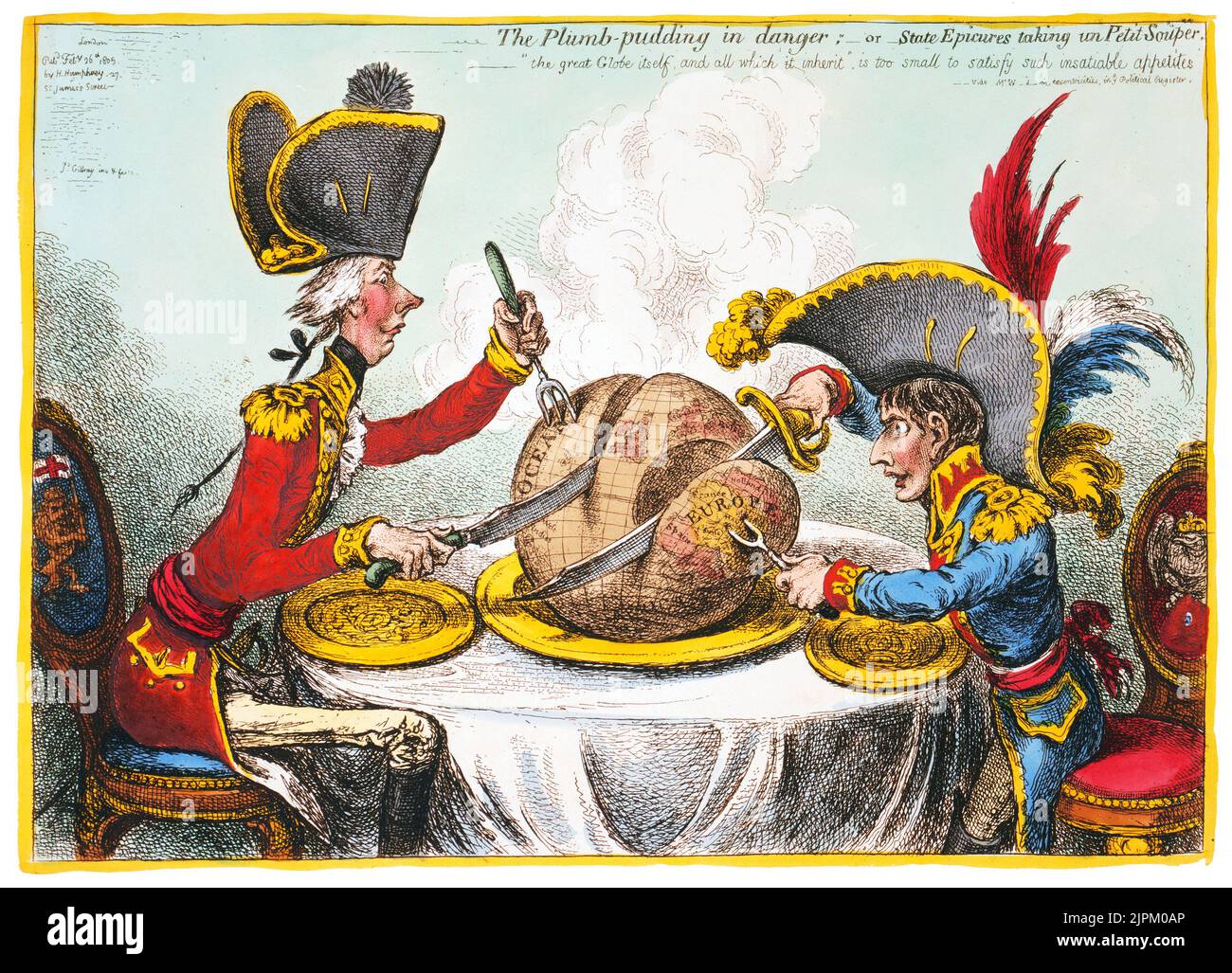 Der Plumb-Pudding in Gefahr, oder, State Epicures unter un Petit Souper. Gillray, James, Kupferstecher / erstellt von London : H. Humphrey, 1805. William Pitt, der eine Regimentsuniform und einen Hut trägt, sitzt mit Napoleon an einem Tisch. Sie schnitzen jeweils einen großen Pflaumenpudding, auf dem sich eine Weltkarte befindet. Pitt's Scheibe ist wesentlich größer als Napoleons. Handkolorierte Radierung. Stockfoto Der Plumb-Pudding in Gefahr, oder, State Epicures unter un Petit Souper. Gillray, James, Kupferstecher / erstellt von London : H. Humphrey, 1805. William Pitt, der eine Regimentsuniform und einen Hut trägt, sitzt mit Napoleon an einem Tisch. Sie schnitzen jeweils einen großen Pflaumenpudding, auf dem sich eine Weltkarte befindet. Pitt's Scheibe ist wesentlich größer als Napoleons. Handkolorierte Radierung. Stockfoto