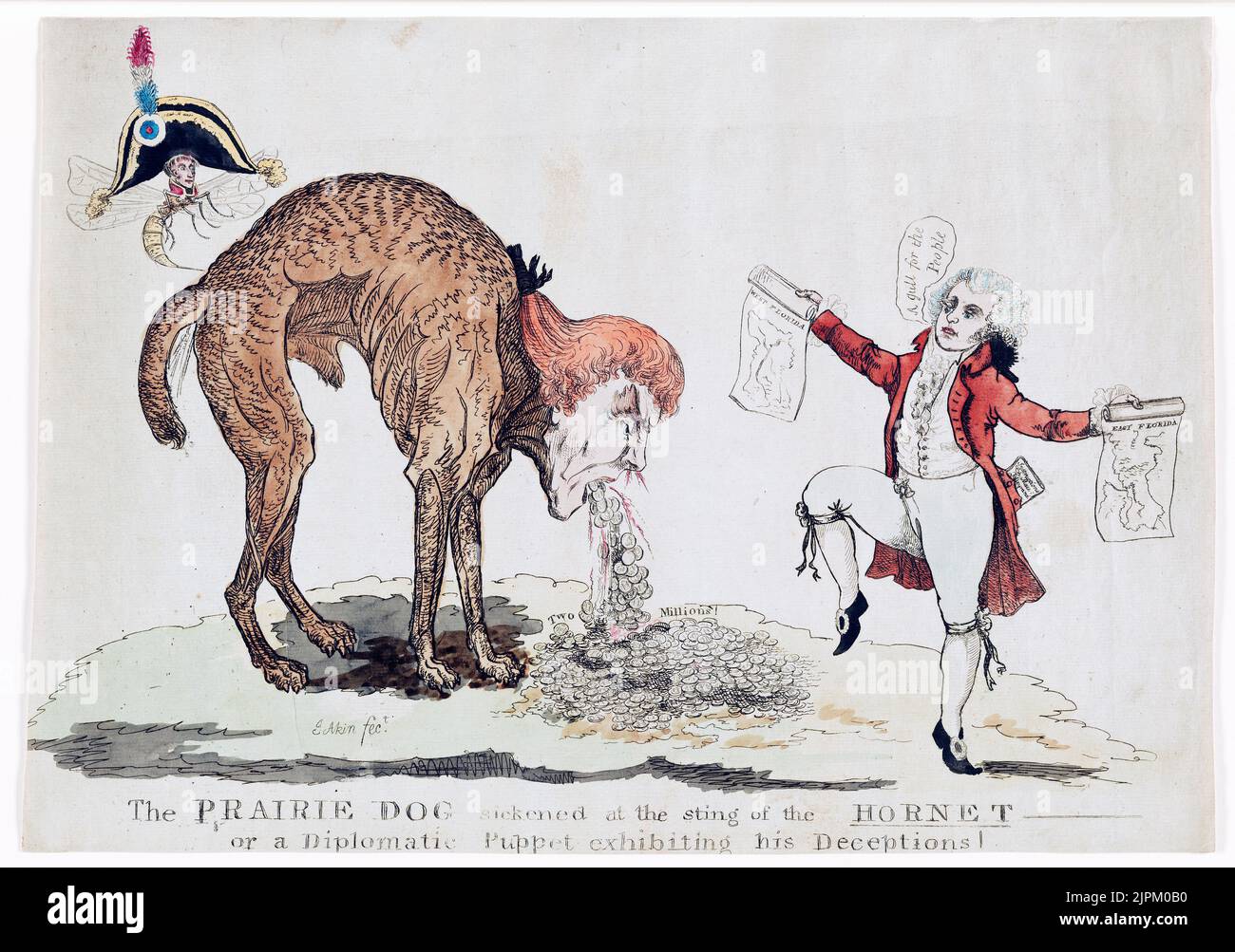 Der Präriehund kränkelte am Stachel der Hornisse oder einer diplomatischen Marionette, die seine Täuschungen ausstellte. Politische Satire. James Akins frühestens bekannter, signierter Cartoon, „The Pirie Dog“, ist eine Anti-Jefferson-Satire, die sich auf Jeffersons verdeckte Verhandlungen über den Kauf von West-Florida aus Spanien im Jahr 1804 bezieht. Stockfoto
