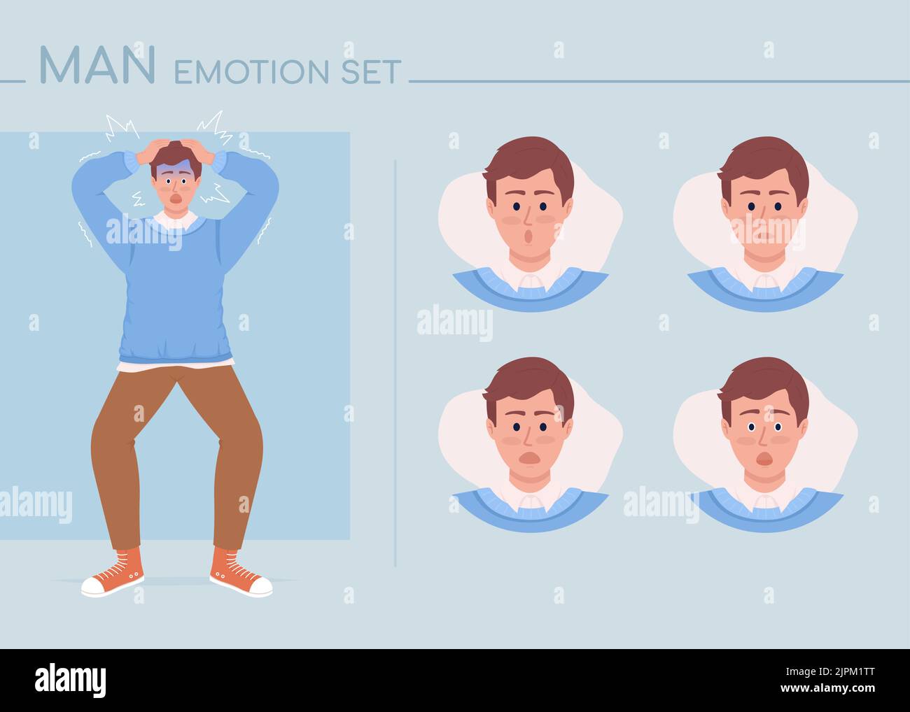 Schockierte junge Mann halb flache Farbe Charakter Emotionen eingestellt Stock Vektor