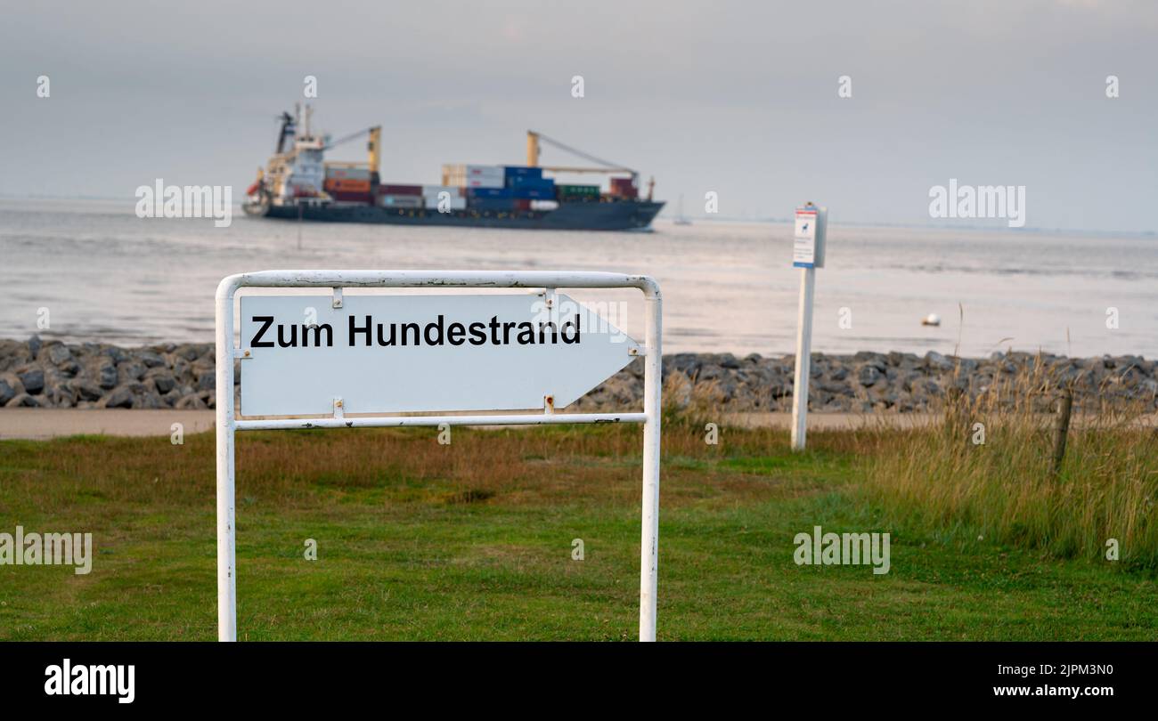 Schild mit dem deutschen Ausdruck 'zum Hundestrand' in Cuxhaven, Deutschland. Stockfoto