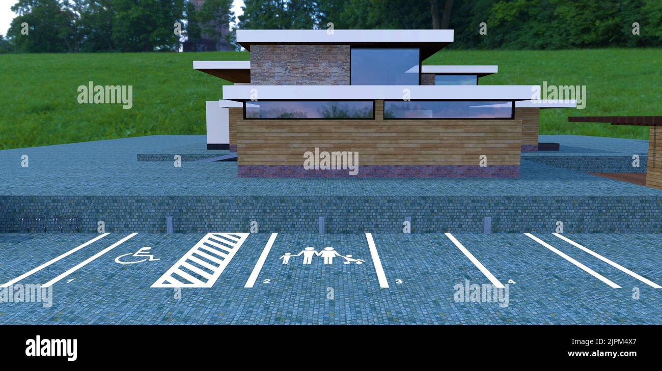 Straßenmarkierungen Parkplatz für Autos in der Nähe eines fortgeschrittenen Landhaus. Parkplätze für Familien und Behinderte. Stahlparkplatz für Fahrräder. 3D Rendern. Stockfoto