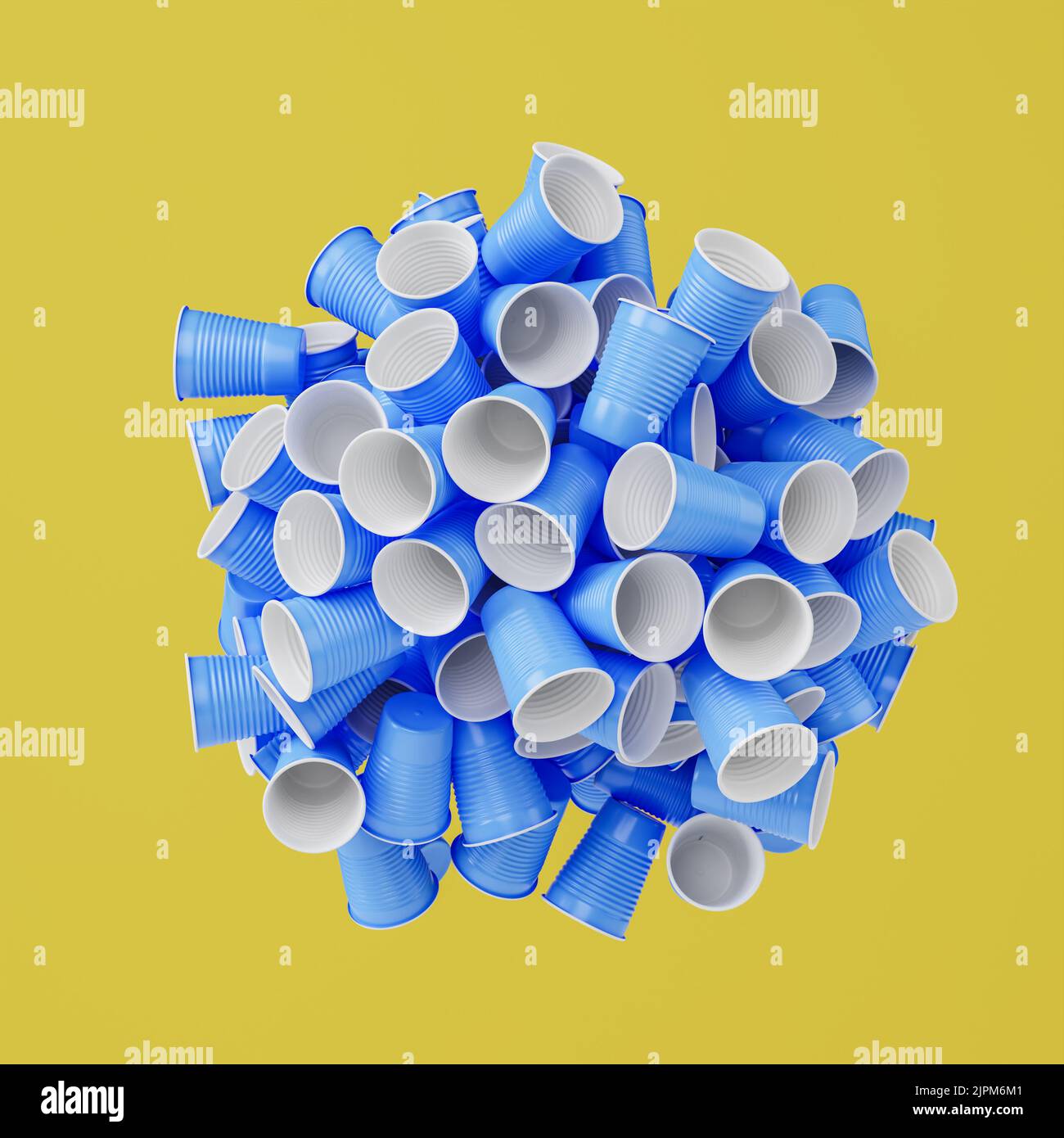 Leere Plastikbecher in blau und weiß, die einen Planeten Erde auf gelbem Hintergrund bauen. Konzept für Kunststoffabfälle, Mikroplastik und Umweltkonservat Stockfoto