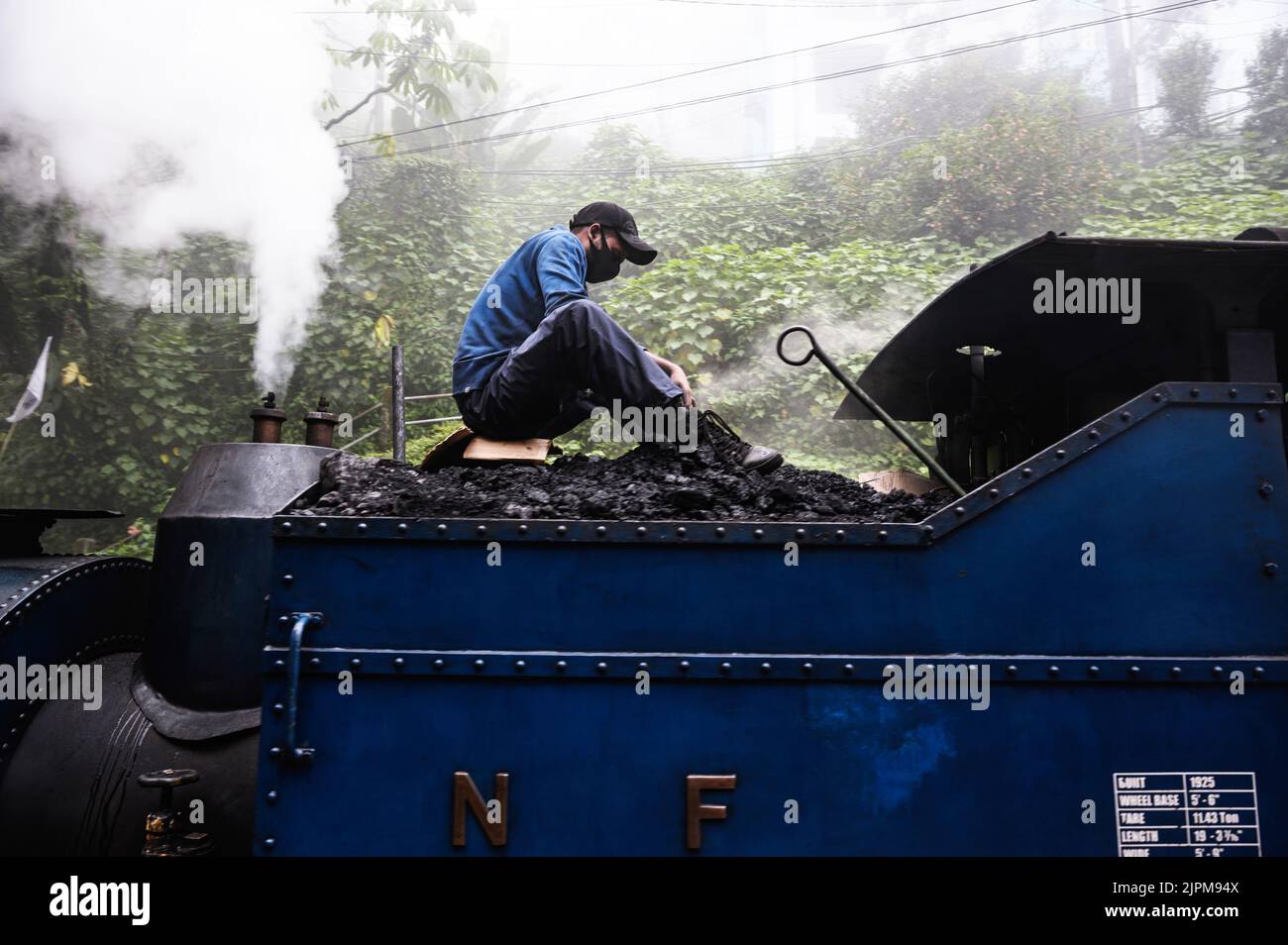 Die Darjeeling Himalayan Railway, ein UNESCO-Weltkulturerbe, auch bekannt als DHR oder Toy Train, ist eine 610-mm-Eisenbahnstrecke, die zwischen New Jalpaiguri und Darjeeling im indischen Bundesstaat Westbengalen verkehrt. Er klettert von etwa 100 m über dem Meeresspiegel bei New Jalpaiguri auf etwa 2.200 m (7.200 ft) bei Darjeeling, wobei er sechs Zickzack und fünf Schleifen verwendet, um Höhe zu gewinnen. Sechs Diesellokomotiven übernehmen den größten Teil des Liniendienstes, darunter tägliche Touristenzüge von Darjeeling nach Ghum – Indiens höchster Bahnhof – und der dampfgetrabene Red Panda-Dienst von Darjeeling nach Kurseong. Stockfoto