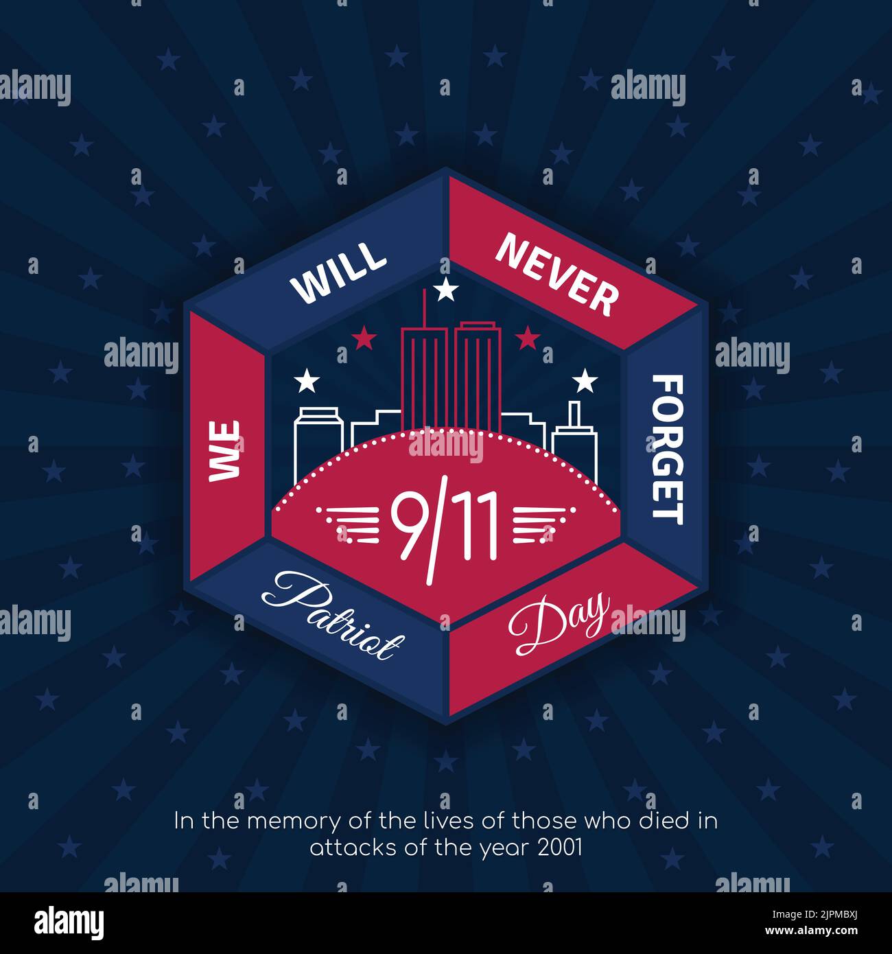 Patriot Day 11 September Hexagon Emblem Poster Vektor-Illustration. 9 11 USA Abstraktes Sunburst-Design. Wir Werden Es Nie Vergessen. World Trade Center Stock Vektor