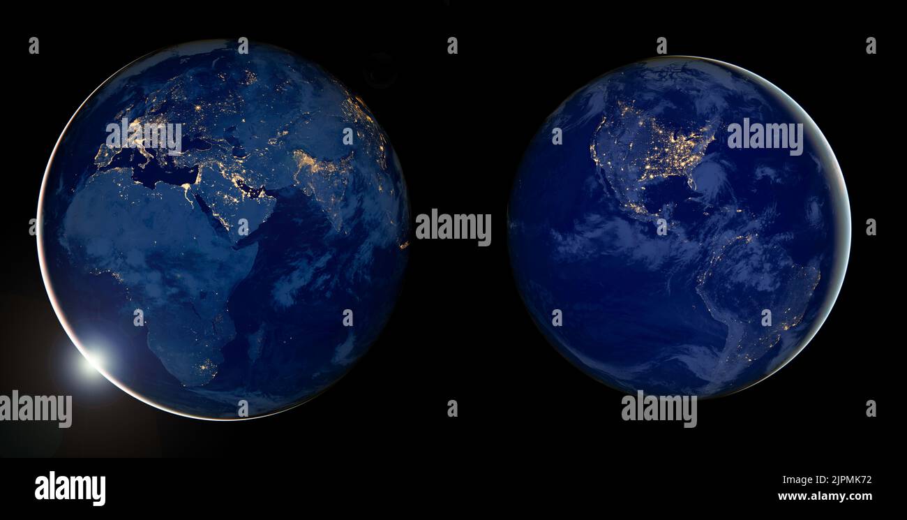 Erde in der Nacht mit schwarzem Hintergrund. City Lights of