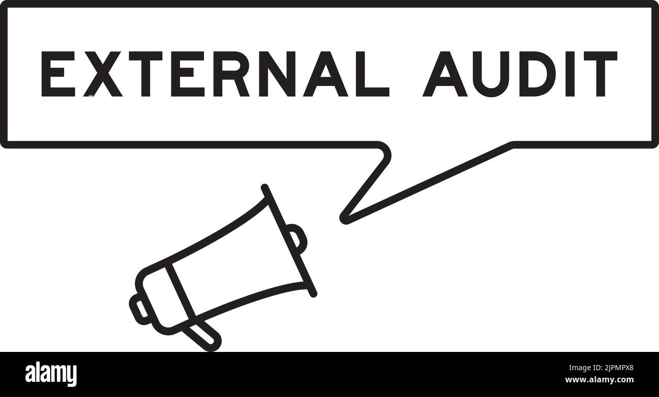 Megaphone-Symbol mit Sprechblase in Wort externe Prüfung auf weißem Hintergrund Stock Vektor