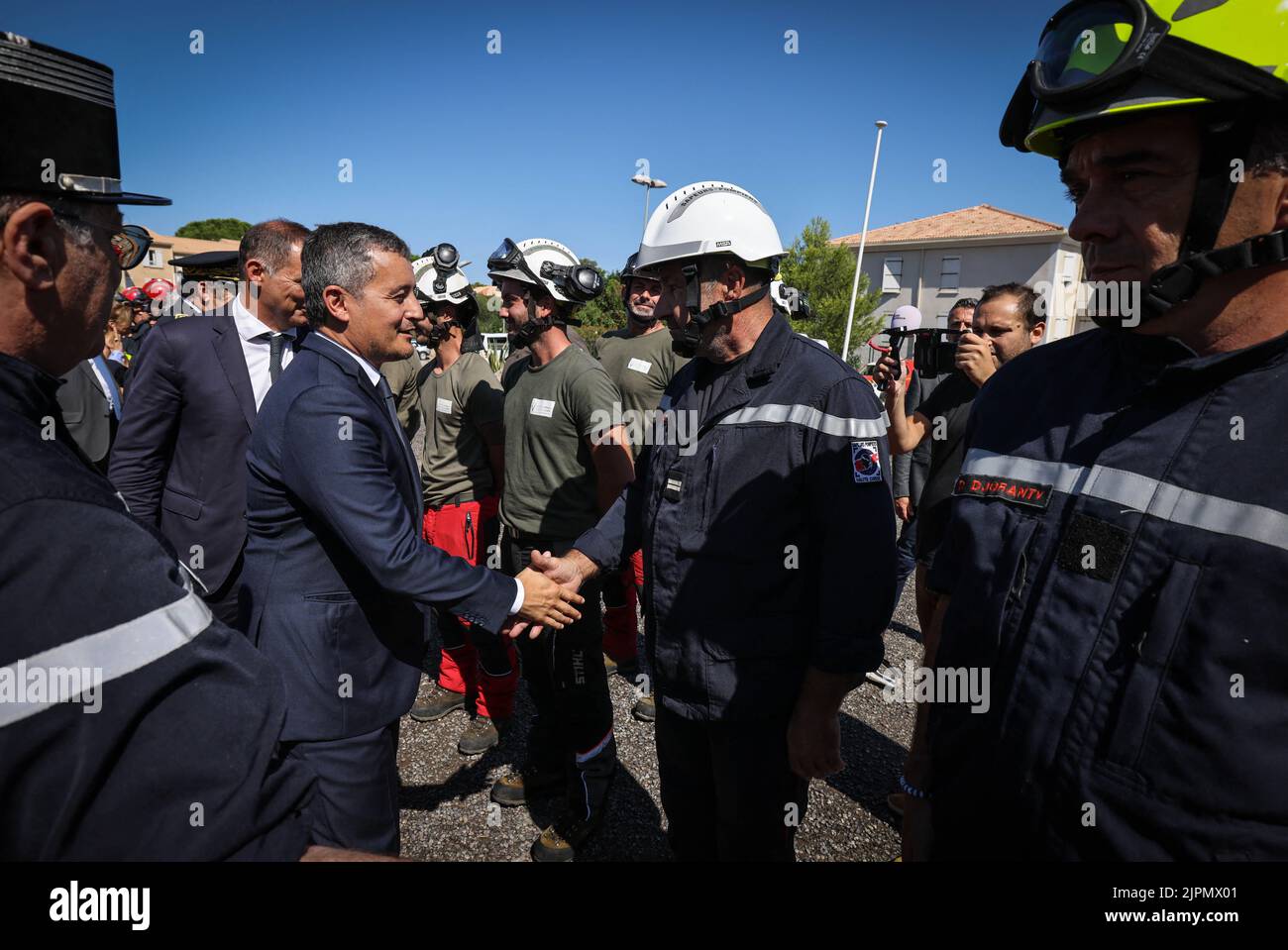 Der französische Innenminister Gérald Darmanin besuchte das Rettungszentrum von Calvi, das während des tödlichen Sturms am Donnerstag, den 18. Er kam, um den Feuerwehrleuten, Gendarmen, Mitgliedern der zivilen Sicherheit zu danken, die mit großer Effizienz handelten. Calvi, Korsika, Frankreich am 19. August 2022. Foto von Shootpix/ABACAPRESS.COM Quelle: Abaca Press/Alamy Live News Stockfoto