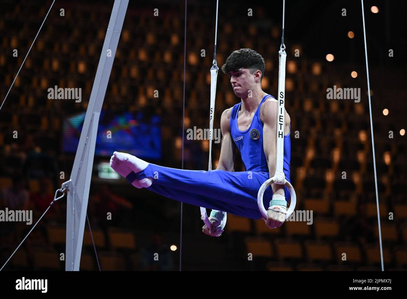 Olympiahalle, München, 19. August 2022, Oppizzio Davide (ITA) Ringe während der Europäischen Turn-Europameisterschaften - Qualifikation der Junioren für Männer inkl. Team- und Allroundfinale - Gymnastik Stockfoto