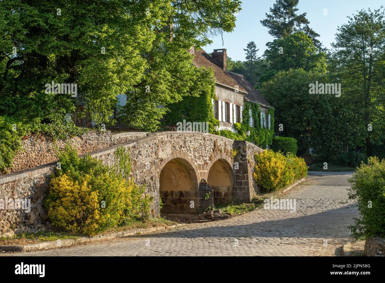 Frankreich, Yonne, Puisaye, Mezilles, Brücke aus dem 14.. Jahrhundert am Arm des Flusses Branlin und an der Kreuzung ford // France, Yonne (89), Puisaye, Mézilles, Stockfoto