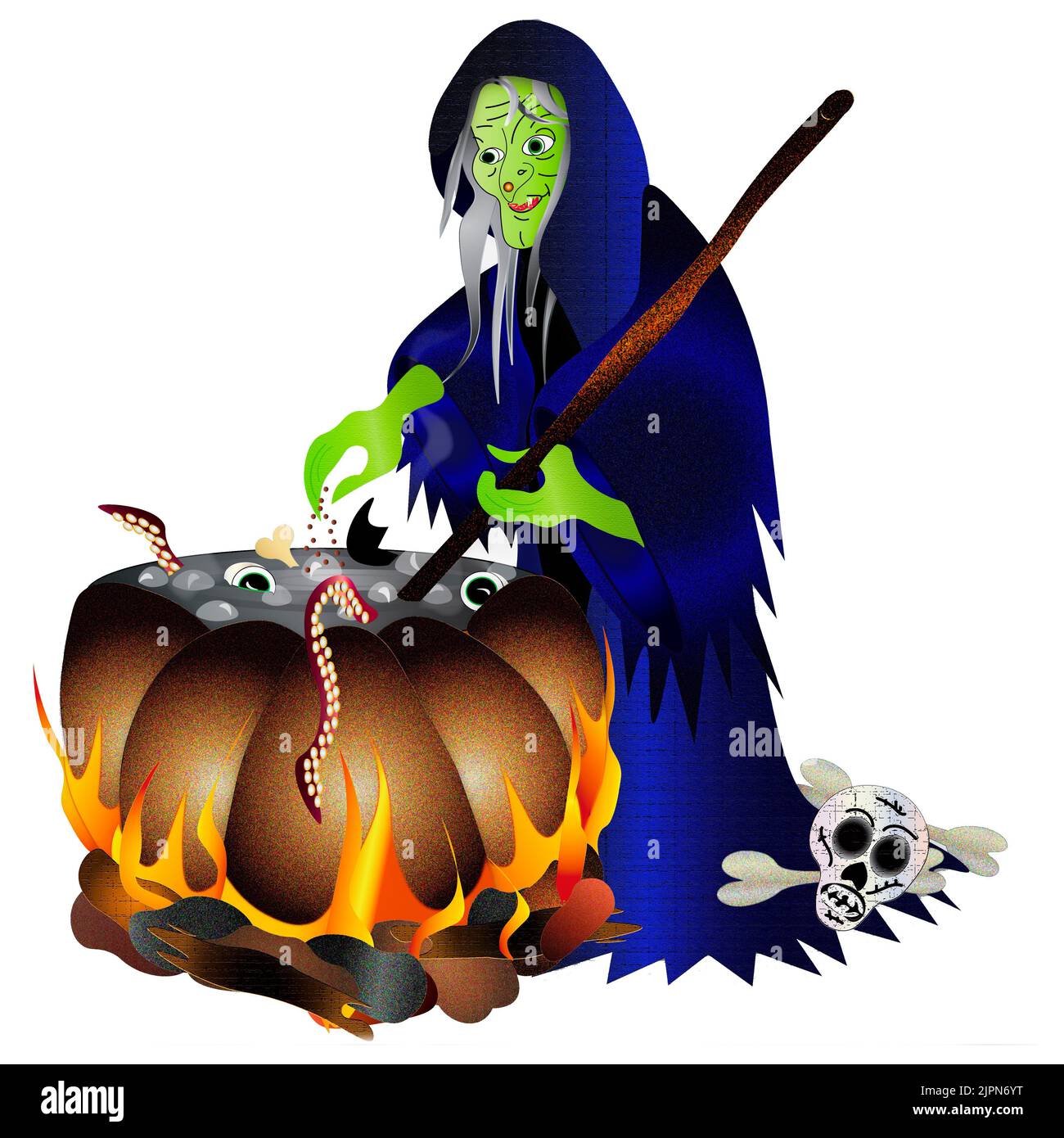 Hexe rührt ihr unheimliches Gebräu. Isoliert auf weißem Hintergrund. Halloween-Illustration. Stockfoto