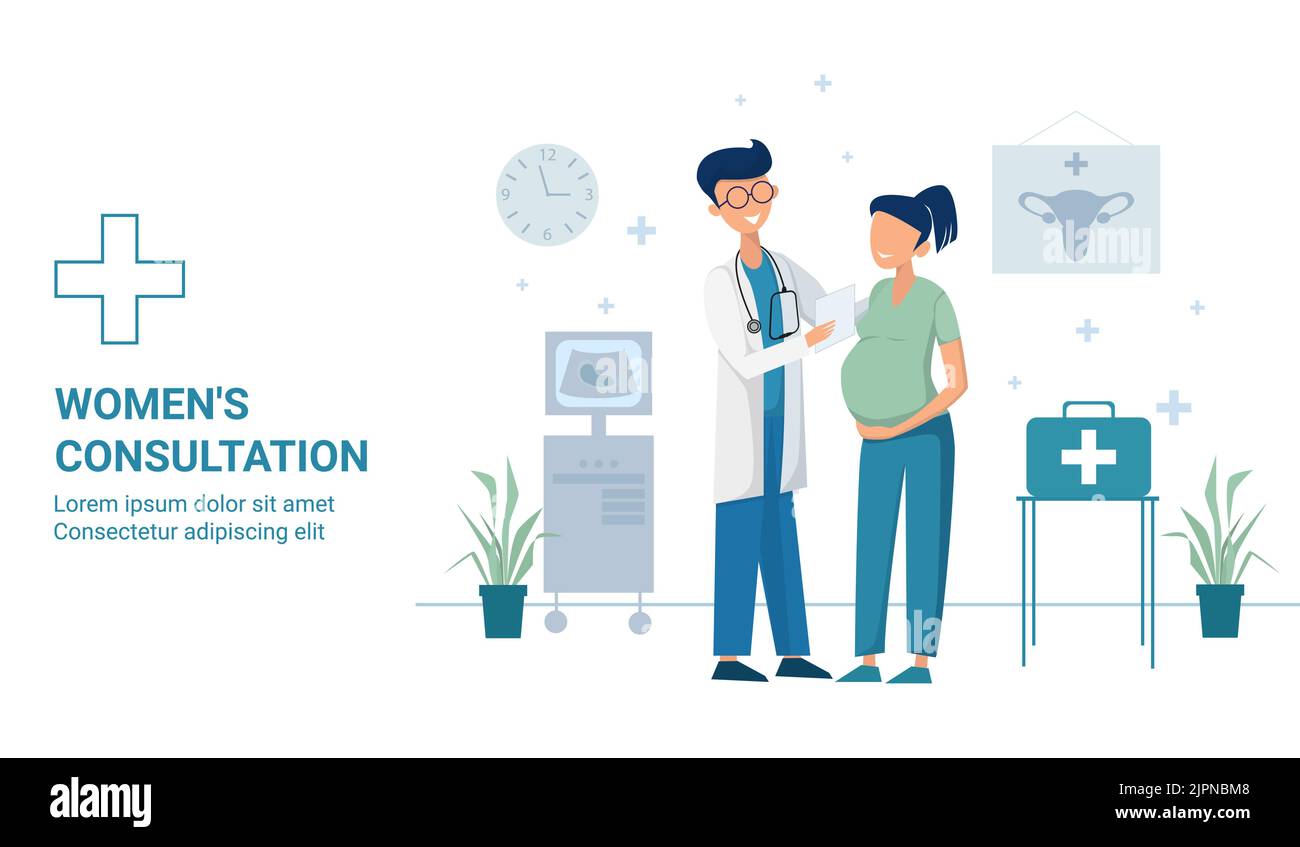 Inschrift weibliche Beratung medizinische Kreuzzeichen Ultraschall-Maschine und gynäkologischen Plakat Schwangeren Patienten bei der Ärzte Termin Stock Vektor