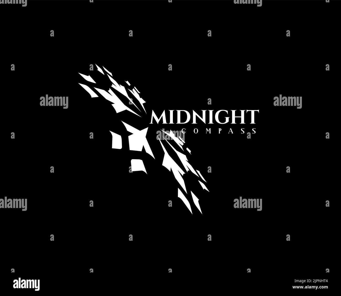 Ein Mitternachtskompass-Logo-Design mit Schneeflocken isoliert auf einem dunklen Hintergrund Stock Vektor