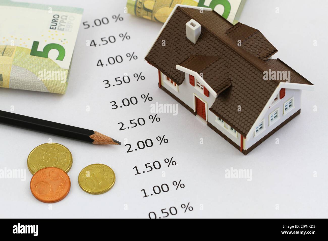 Zinssätze auf weißem Papier, Musterhaus und Geld auf weißem Hintergrund Stockfoto