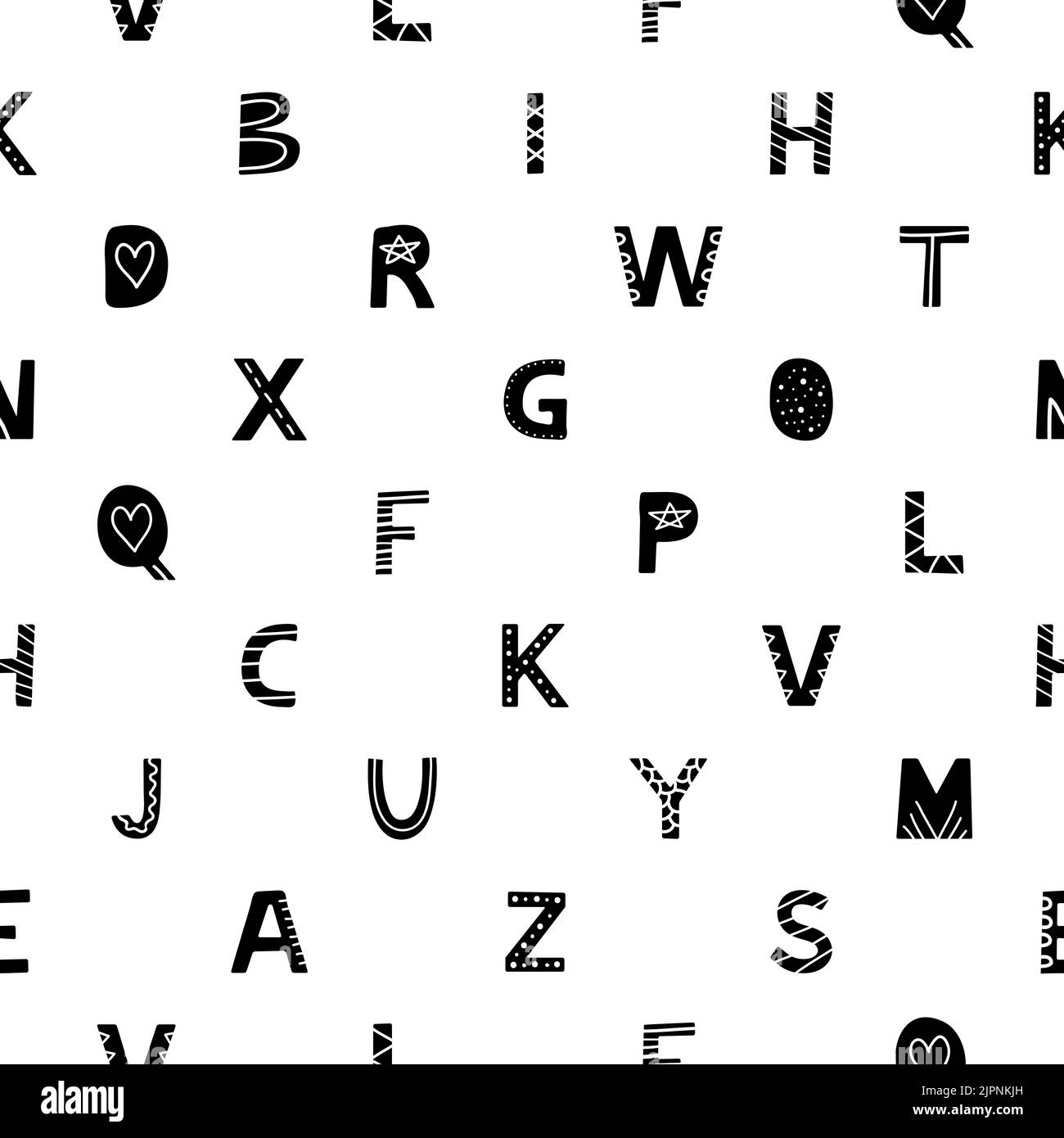 Nahtloses Schwarz-Weiß-Muster mit englischem Alphabet im skandinavischen Stil. Stock Vektor