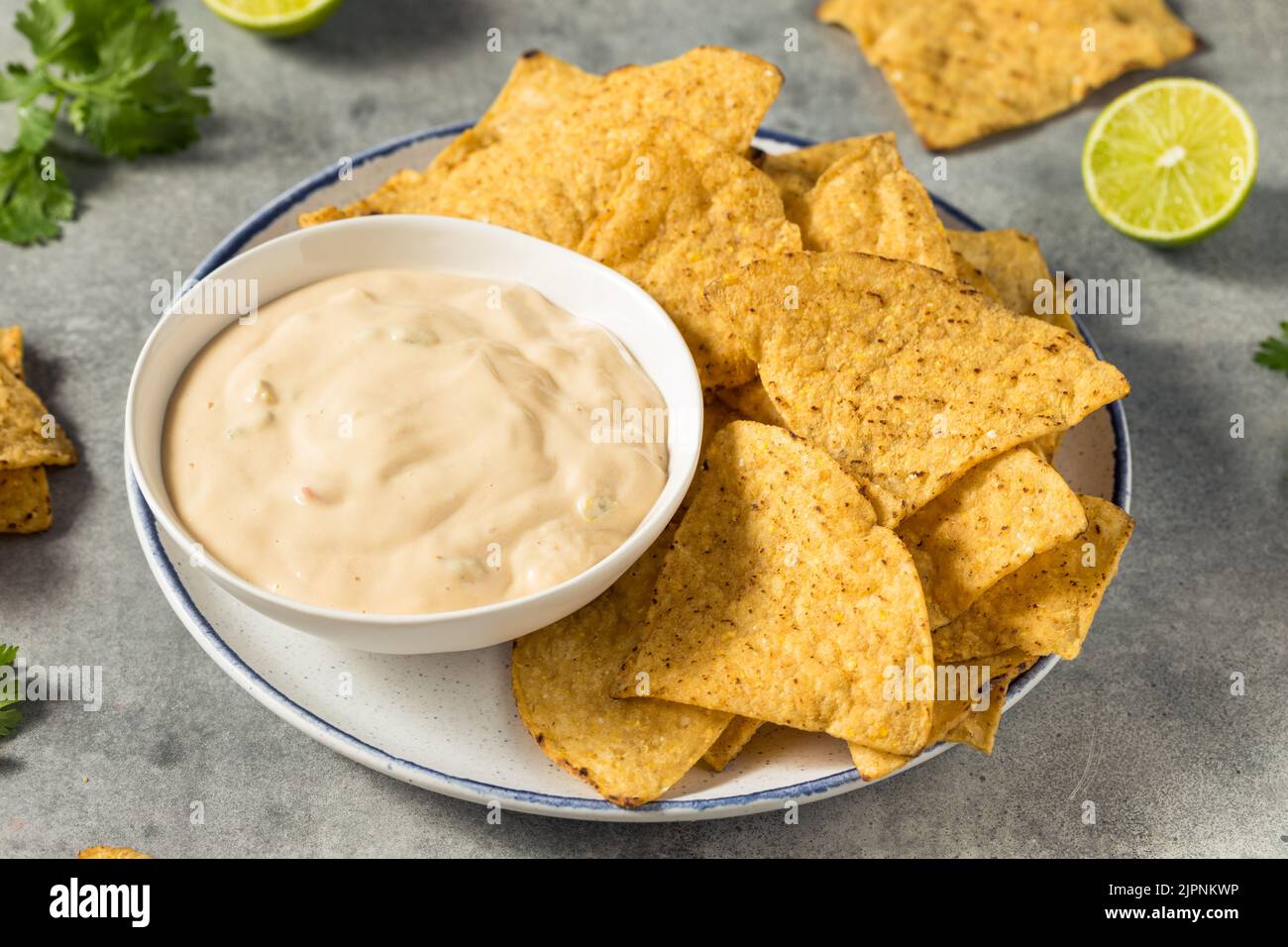 Hausgemachter cremiger weißer Queso-Dip mit Tortilla-Chips Stockfoto