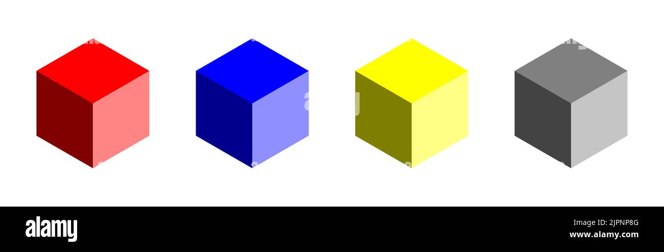 Basis-Geometriesatz von Würfeln mit Rot, Blau, Gelb und Grau oder Monochromwürfel im 3D-perspektivischen Stil. Vektorbild. Stock Vektor