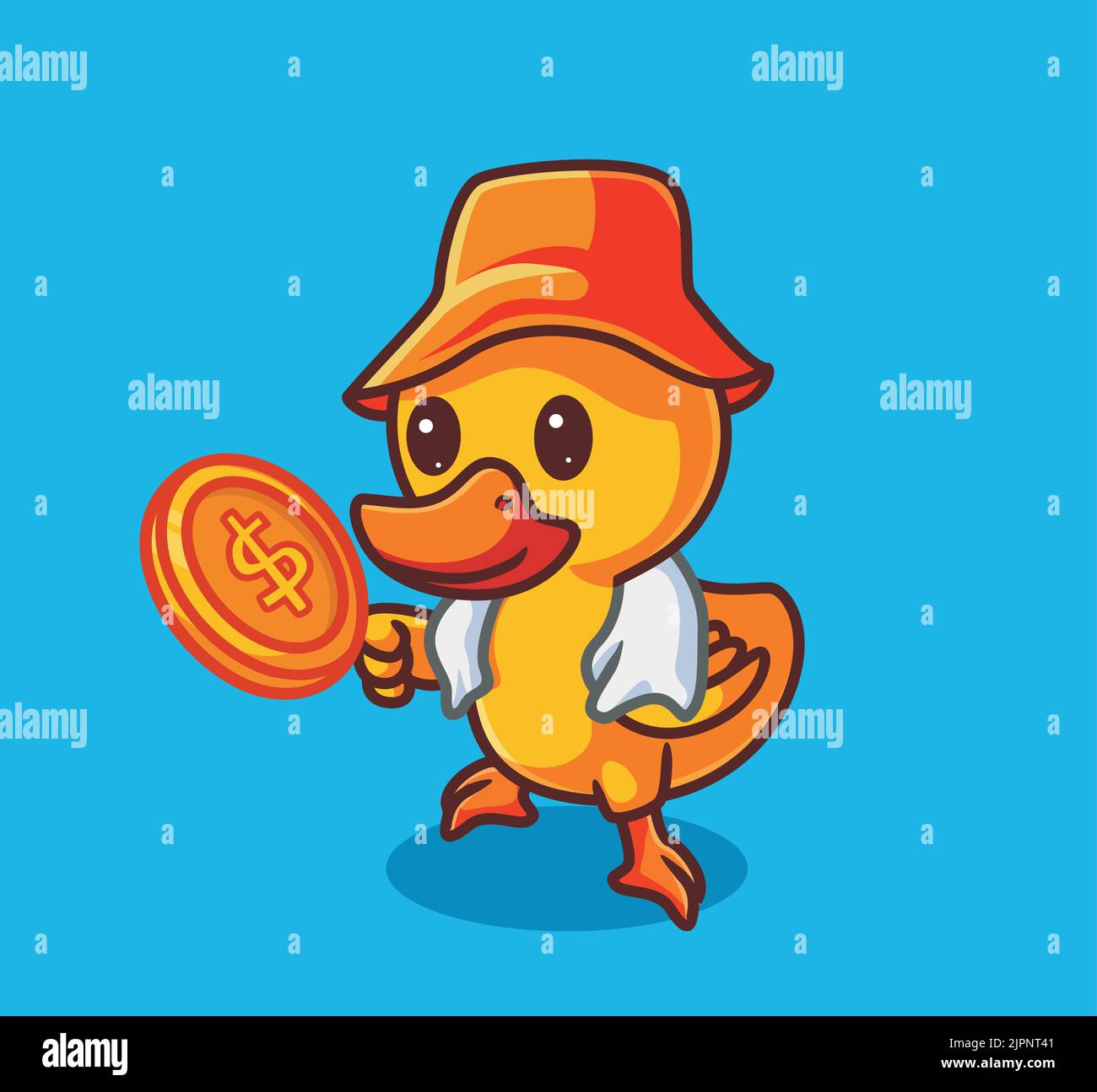 Nette Ente arbeitet hart, um ein Geld zu bekommen. Isolierte Cartoon Tier Natur Illustration. Flat Style Sticker Icon Design Premium Logo Vektor. Mascot Charact Stock Vektor