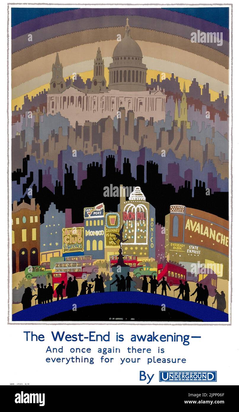 Das West-End weckt 1931 Vintage-Poster von Ernest Dinkel für die London Underground Electric Railways Stockfoto