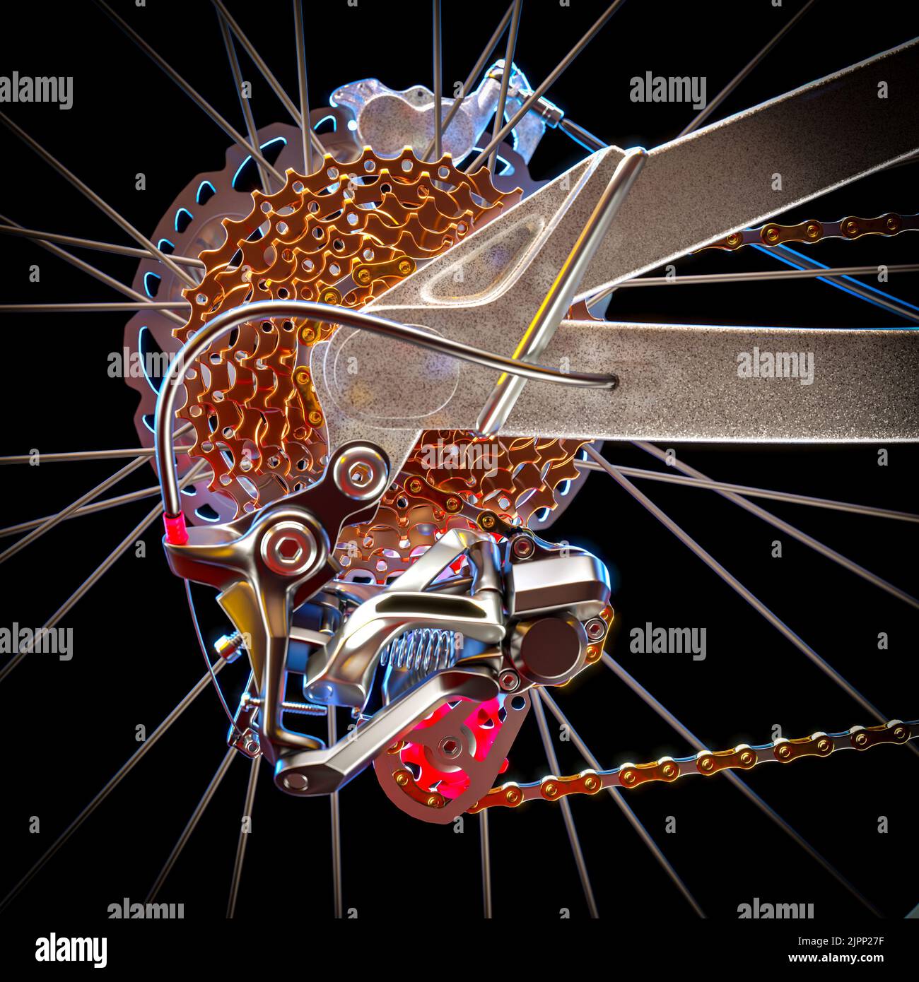 Detail von Zahnrädern und Kette eines Mountainbikes. 3D Rendern Stockfoto