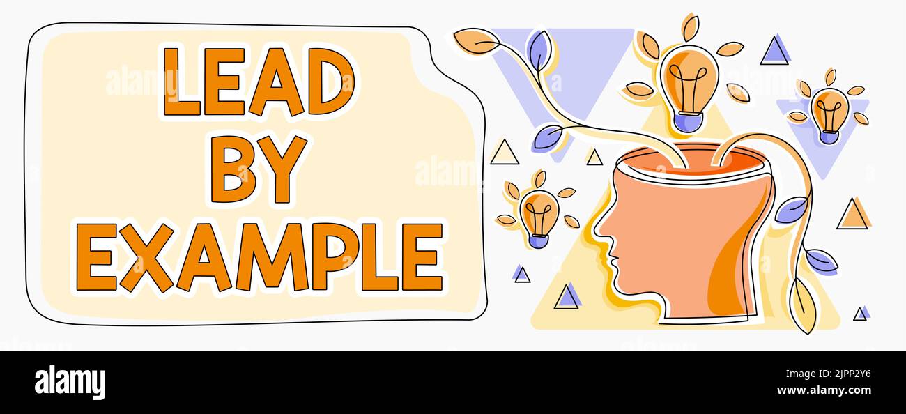 Textschild mit gutem Beispiel vorangehen, Wort geschrieben auf Mentor sein Führer die Regeln befolgen Beispiele geben Coach man Thinking New Brilliant Ideas shown on P Stockfoto