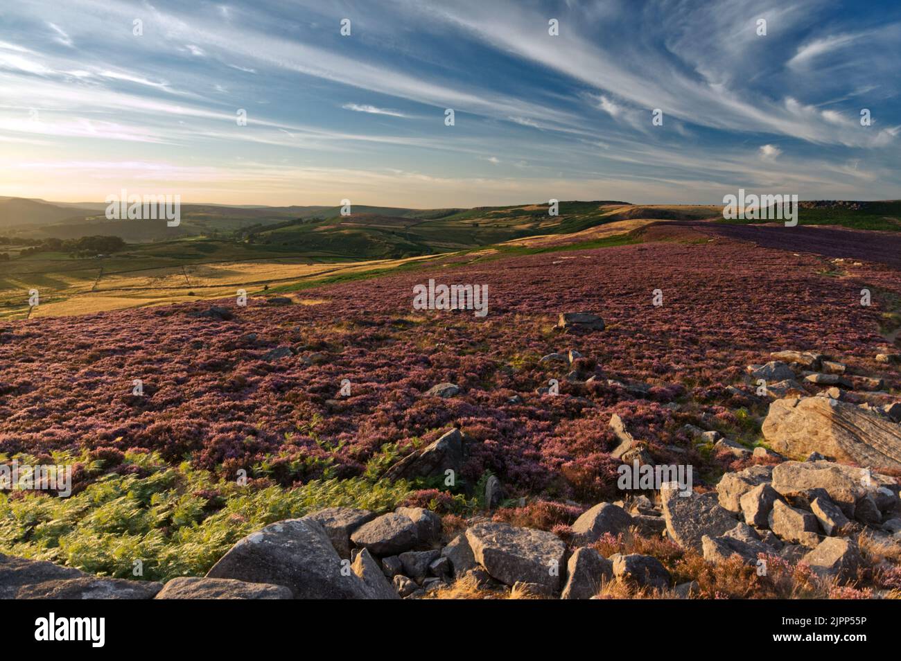 Das Abendlicht nähert sich dem Sonnenuntergang und blickt über das Ower Tor im Peak District National Park Stockfoto