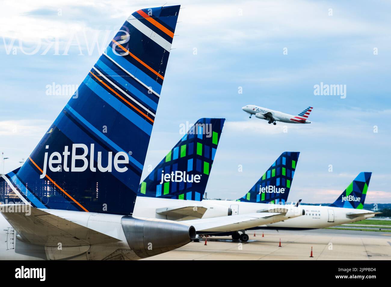 USA - 12. AUGUST: Jet Blue Flugzeuge werden am Freitag, den 12. August 2022, auf dem Asphalt des Ronald Reagan Washington National Airport gesehen. (Tom Williams/CQ Roll Call/Sipa USA) Stockfoto