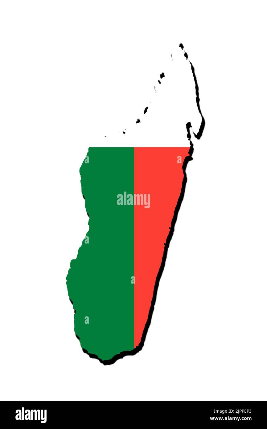 Silhouette der Karte von Madagaskar mit ihrer Flagge Stockfoto