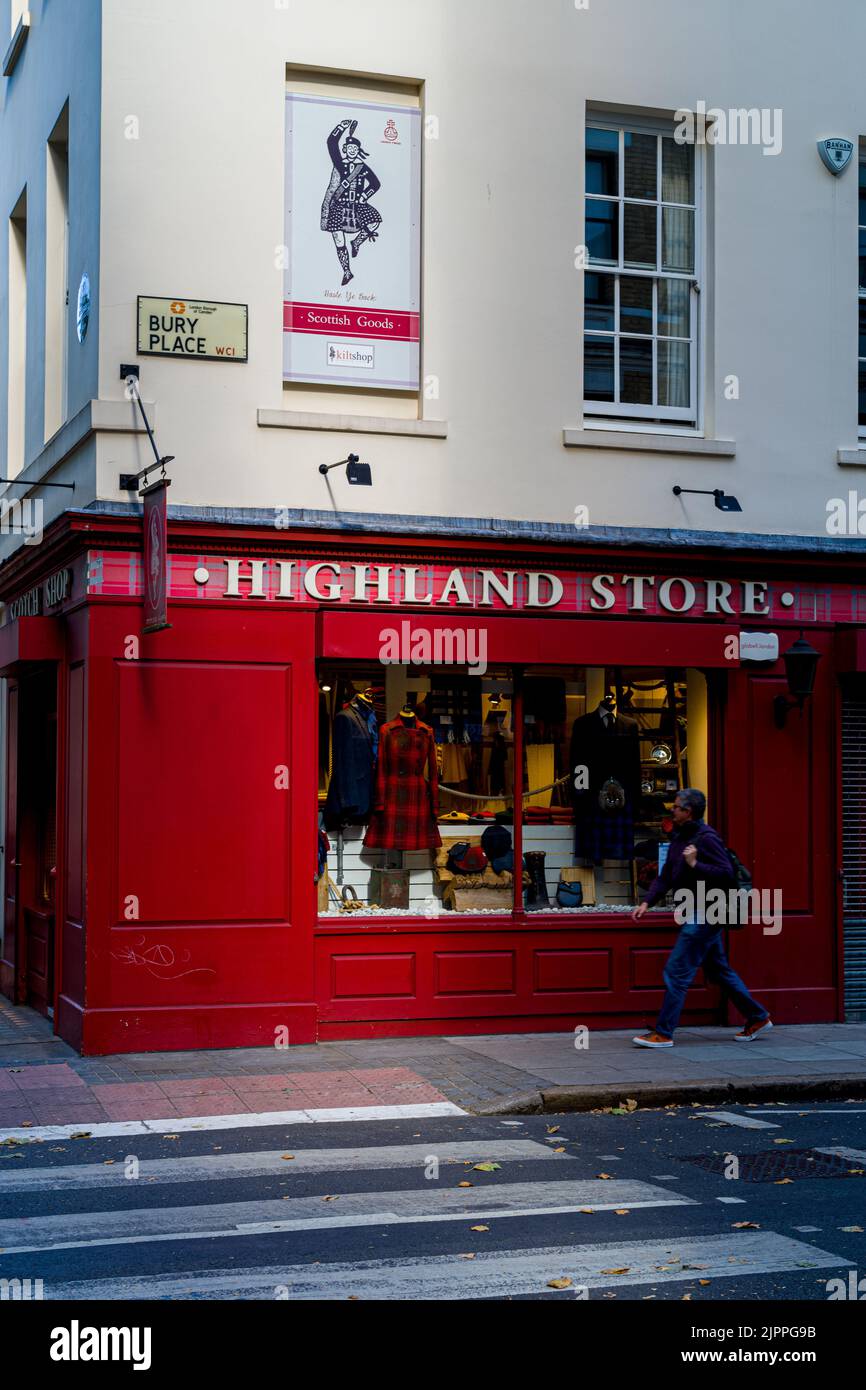 Highland Store Bloomsbury London - Highland Store ist ein Laden, der schottische Kilts und Accessoires verkauft. Befindet sich an der Great Russell Street. Stockfoto