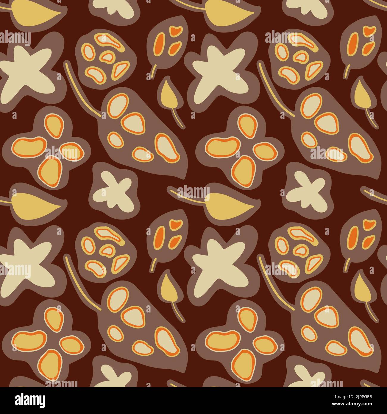 Nahtloses Retro-Blumenmuster. Stilisierte Blumen und Blätter auf dunkelbraunem Hintergrund. 60s, 70s Stil. Stock Vektor