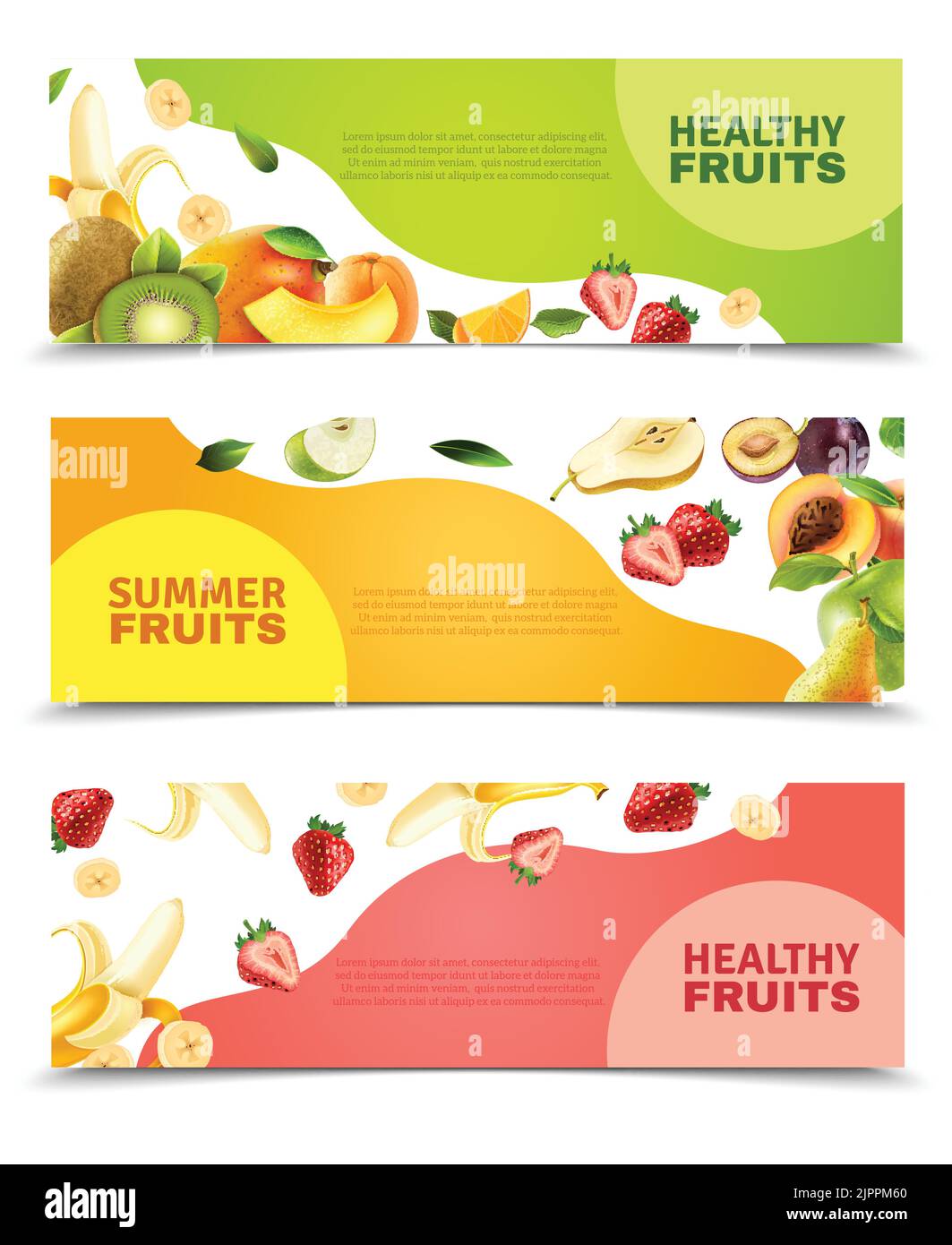 Sommer gesunde Ernährung biologisch angebaute Früchte und Beeren 3 horizontal Bunte Banner Set abstrakt isoliert Vektor Illustration Stock Vektor