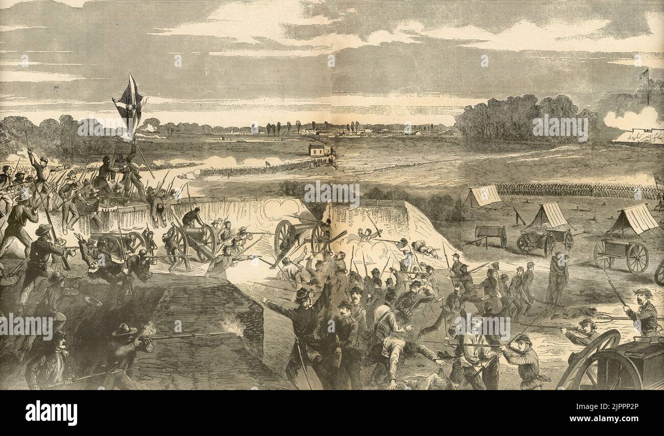 Die Schlacht von Korinth fand am 4. Oktober 1862 während des amerikanischen Bürgerkrieges statt - der Kampf um Robinets Batterie - Stanley's Division, die zur Unterstützung ansteht Stockfoto