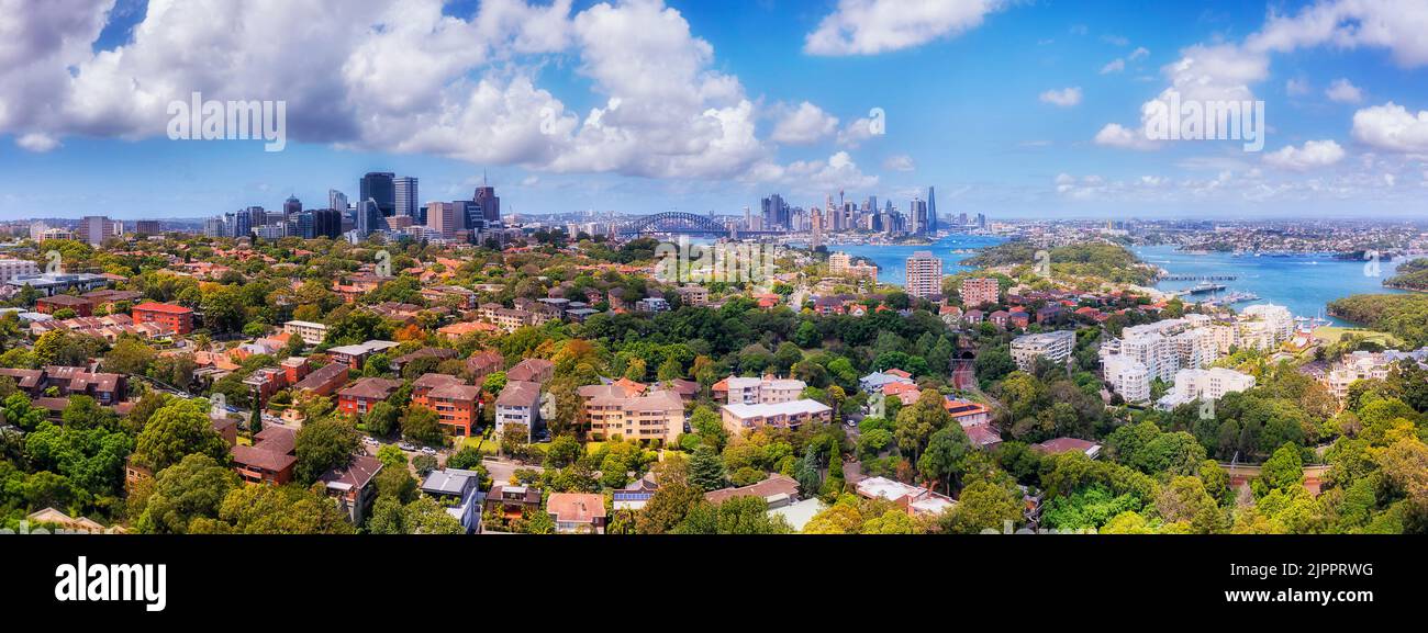 Luftpanorama von der Lower North Shore in der Stadt Sydney um den Hafen herum zur Skyline von CBD von den grünen Straßen von North Sydney. Stockfoto