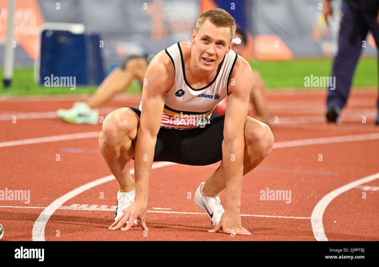 Der Belgier Julien Watrin im Bild nach dem Finale des 400m-Stunden-Hürdenlaufs der Männer bei der Leichtathletik-Europameisterschaft in München 2022 am Freitag, den 19. August 2022. Die zweite Auflage der Europameisterschaften findet vom 11. Bis 22. August statt und umfasst neun Sportarten. BELGA FOTO ERIC LALMAND Stockfoto